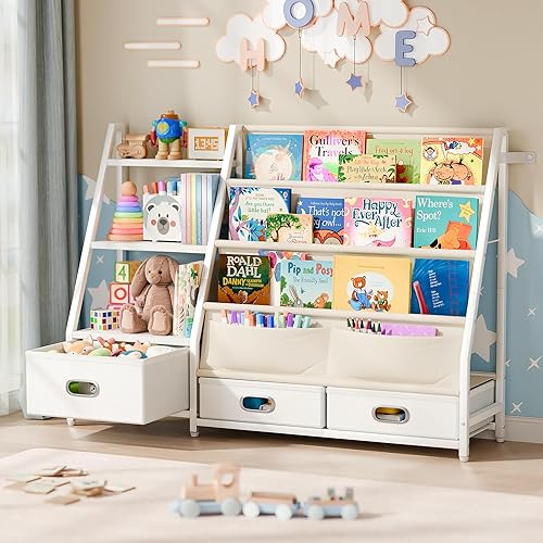 Miniatura 1 de Estantería para niños y almacenamiento de juguetes, estante de libros de 3 niveles para habitaciones de niños, estantería para bebés con 3 cajones,