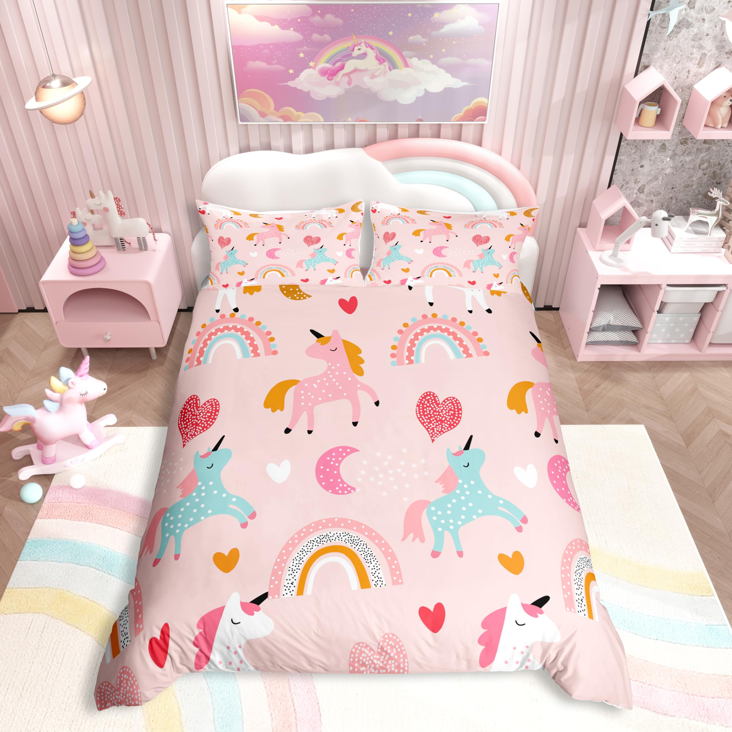 Hoimlm Parure De Lit Licorne Pour Enfant - Avec Housse De Couette Et 2 Taies D'oreiller - Motif Licorne - En Microfibre Douce - Avec Fermeture éclair 135X200cm
