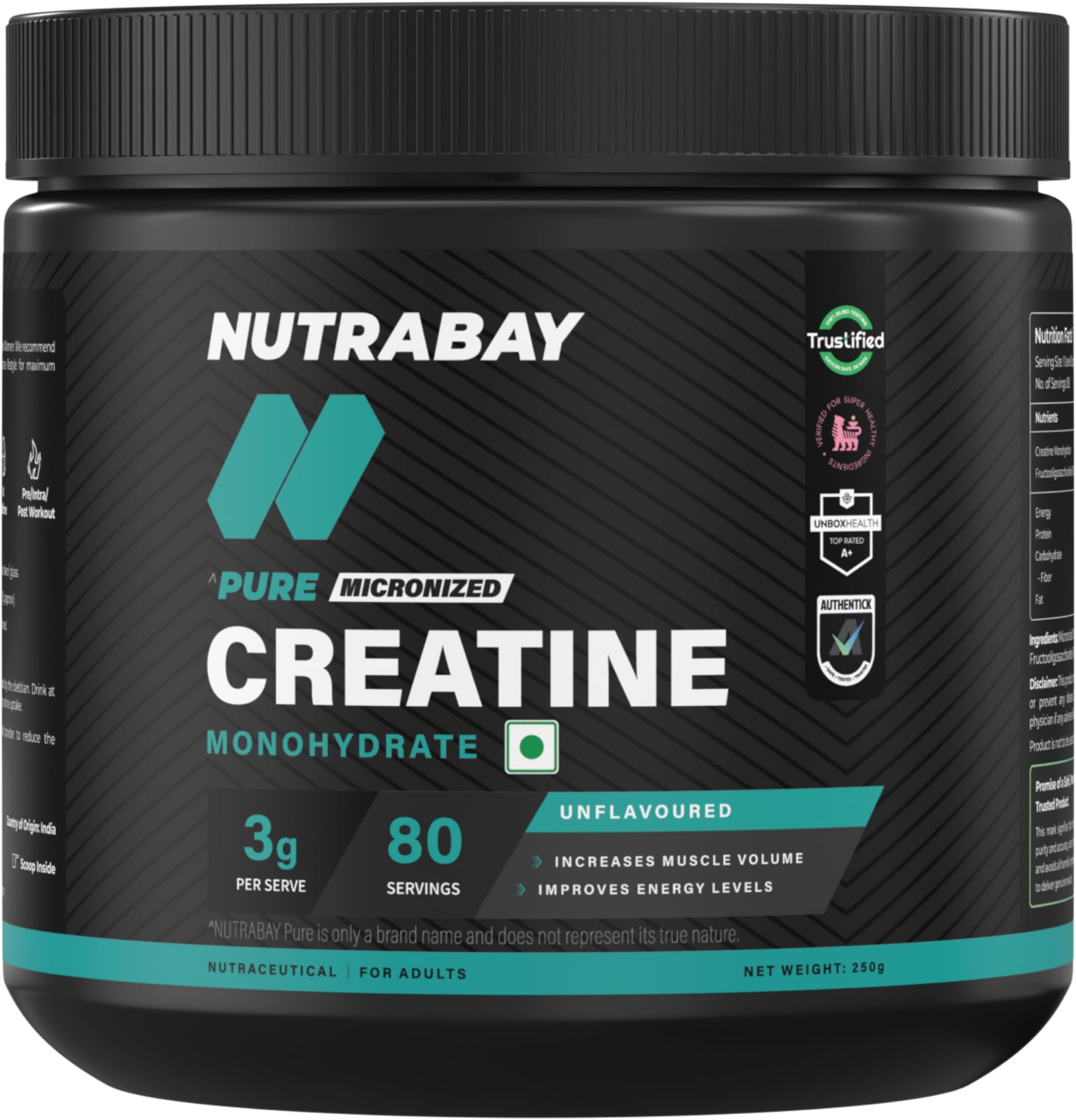 Nutrabay Pure Micronised Creatine Monohydrate | Pre/Post Workout Supplement for Muscle Repair & Recovery | Supports Athletic Performance & Power - 250g, Unflavoured, 83 Servings
