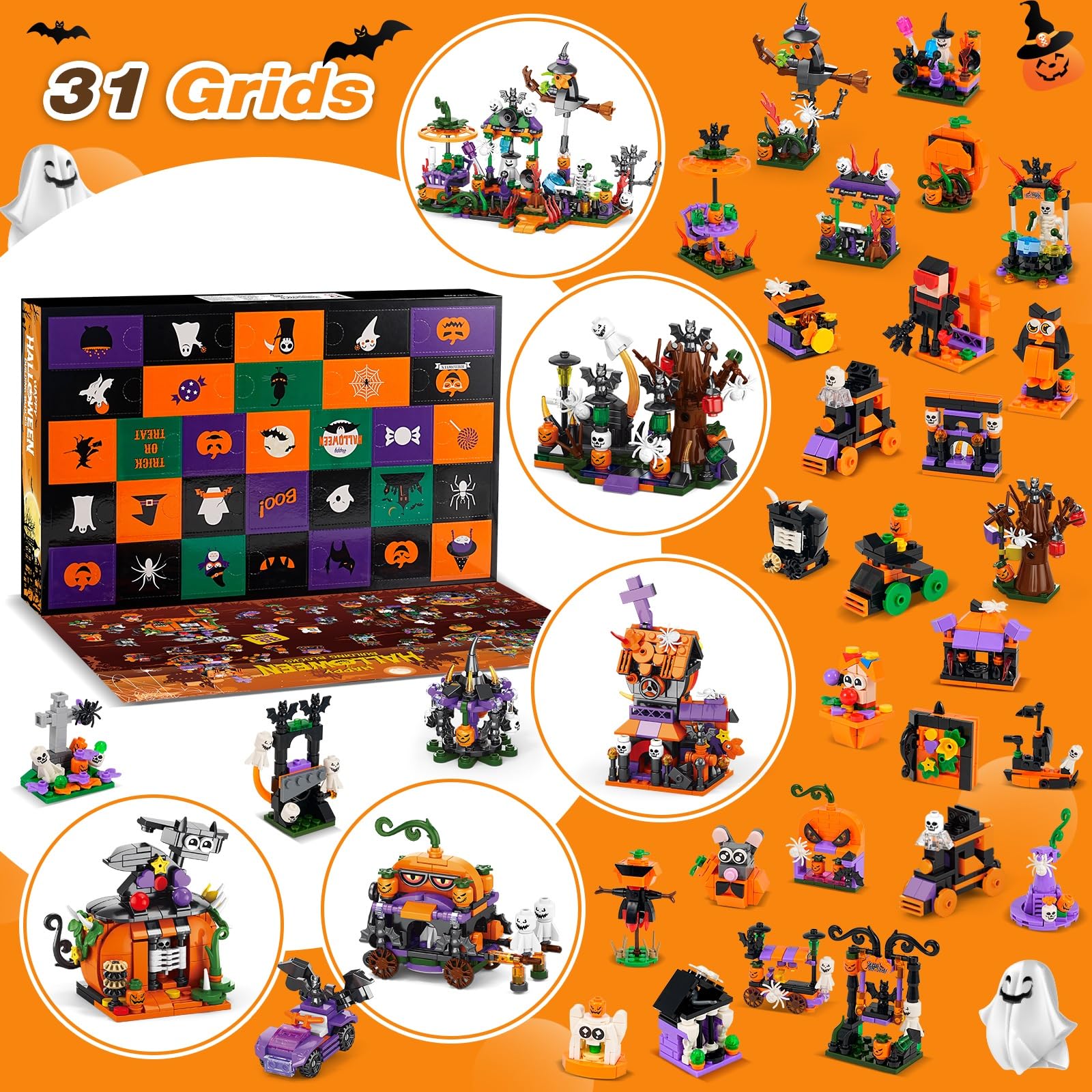 Calendario de Adviento de Halloween 2026 para niños y adultos, calendarios de cuenta regresiva de 31 días, casa encantada espeluznante, fantasmas, murciélagos y calabazas, bloque de construcción de
