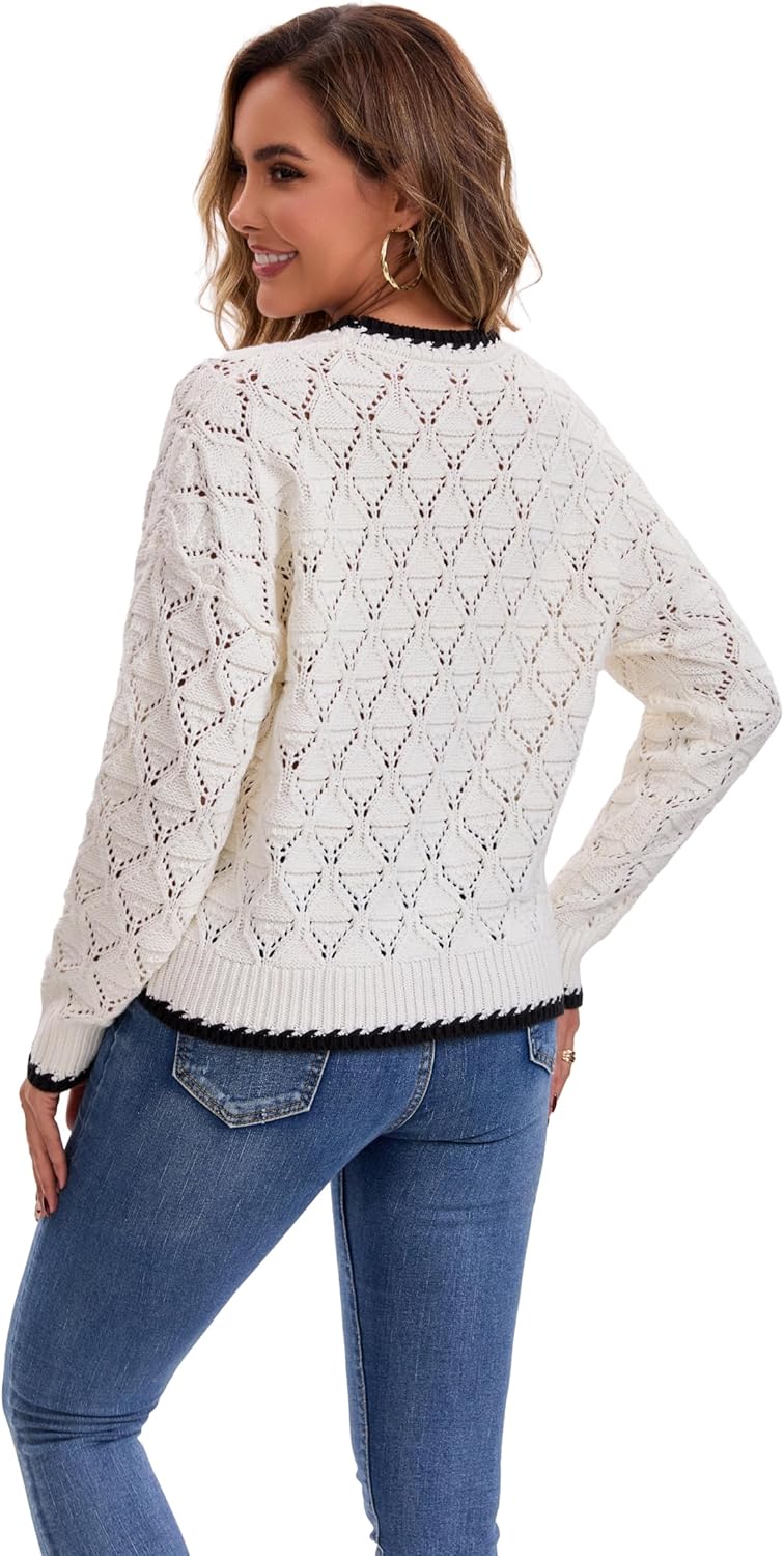 Froggirl Women’s Hollow Knit Sweater Long Sleeve Crew Neck Pullover with Wavy Trim Hem – Casual Spring Fall Top - Image 4