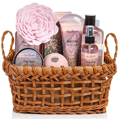 Cestas de spa para mujer, juego de baño de lujo con aceite de rosa y orquídea, kit de spa incluye lavado, baño de burbujas, loción, sales de baño,