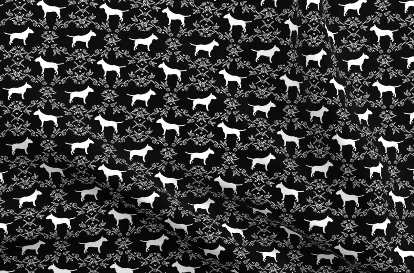 Spoonflower Fabric - Bull Terrier Floral Silhouette Dogs Breeds Black White Terriers Printed on Upholstery Velvet Fabric Fat Quarter - Upholstery Home Decor Bottomweight Apparel