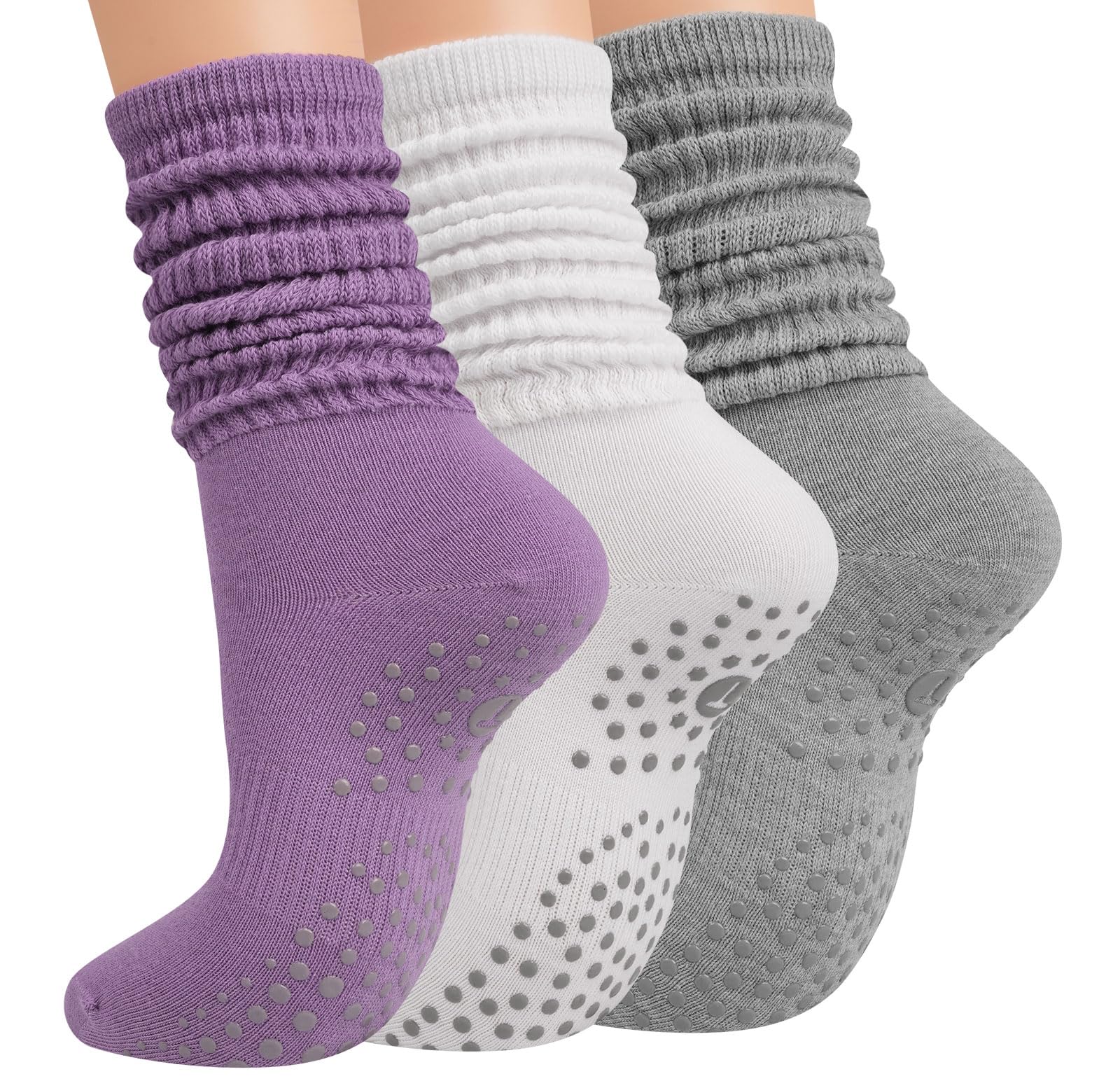 Grip Pilates Socks for Women, Yoga Slouch Socks with Grip for Barre Workout Hospital Long Scrunch Slipper Socks, White+grey+purple, Women's Size 7-10