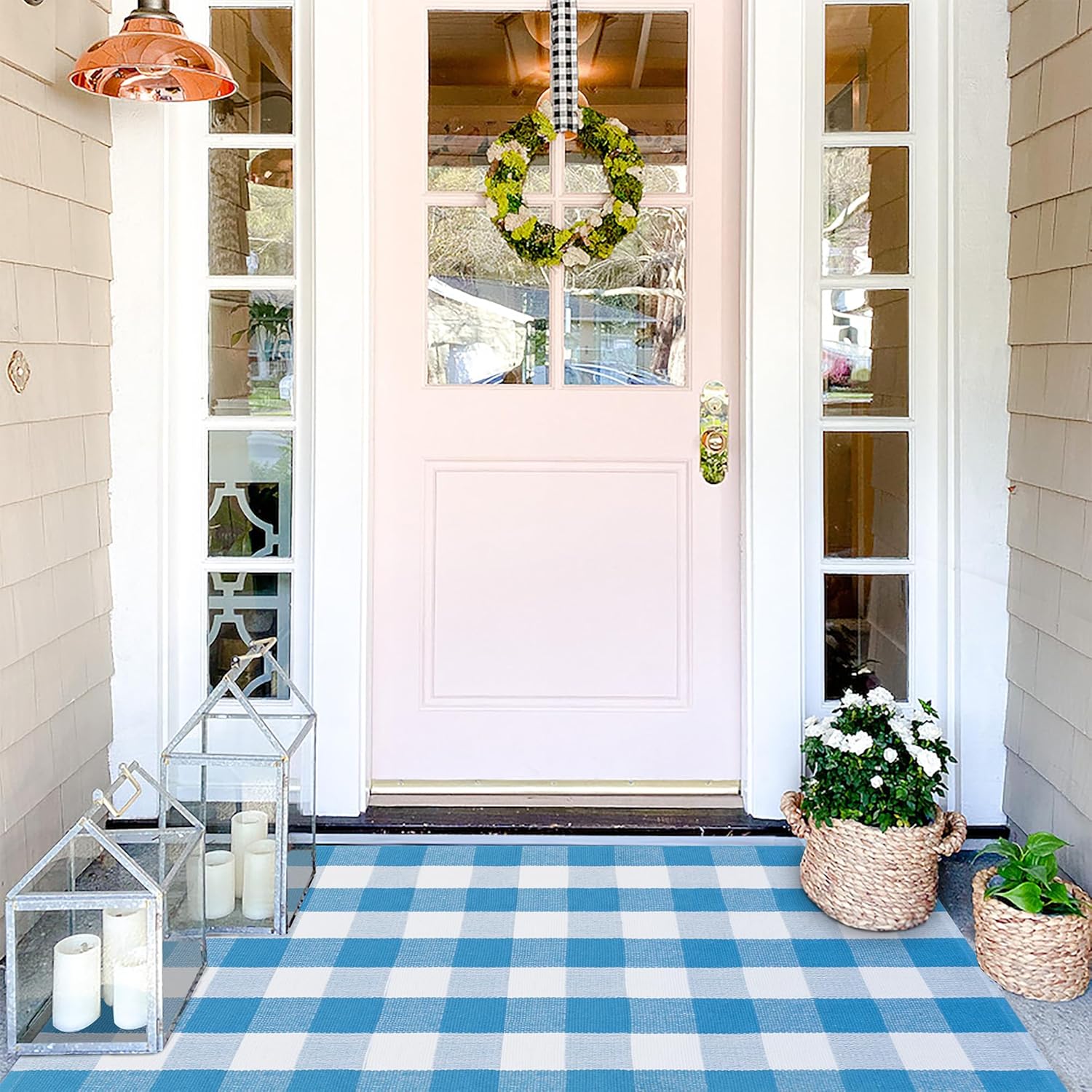 Buffalo Plaid Outdoor Rugs, 3'x5' Blue and White Checkered Indoor Outdoor Area Rug, Layering Rug for Welcome Door Mat, Washable Cotton Woven Farmhouse Mat for Spring Easter Front Porch Décor