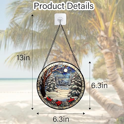 Miniatura 4 de Colgador de vidrieras para colgar en la ventana, escena de nieve de invierno, panel de cristal, árbol de montañas, decoración para cumpleaños para