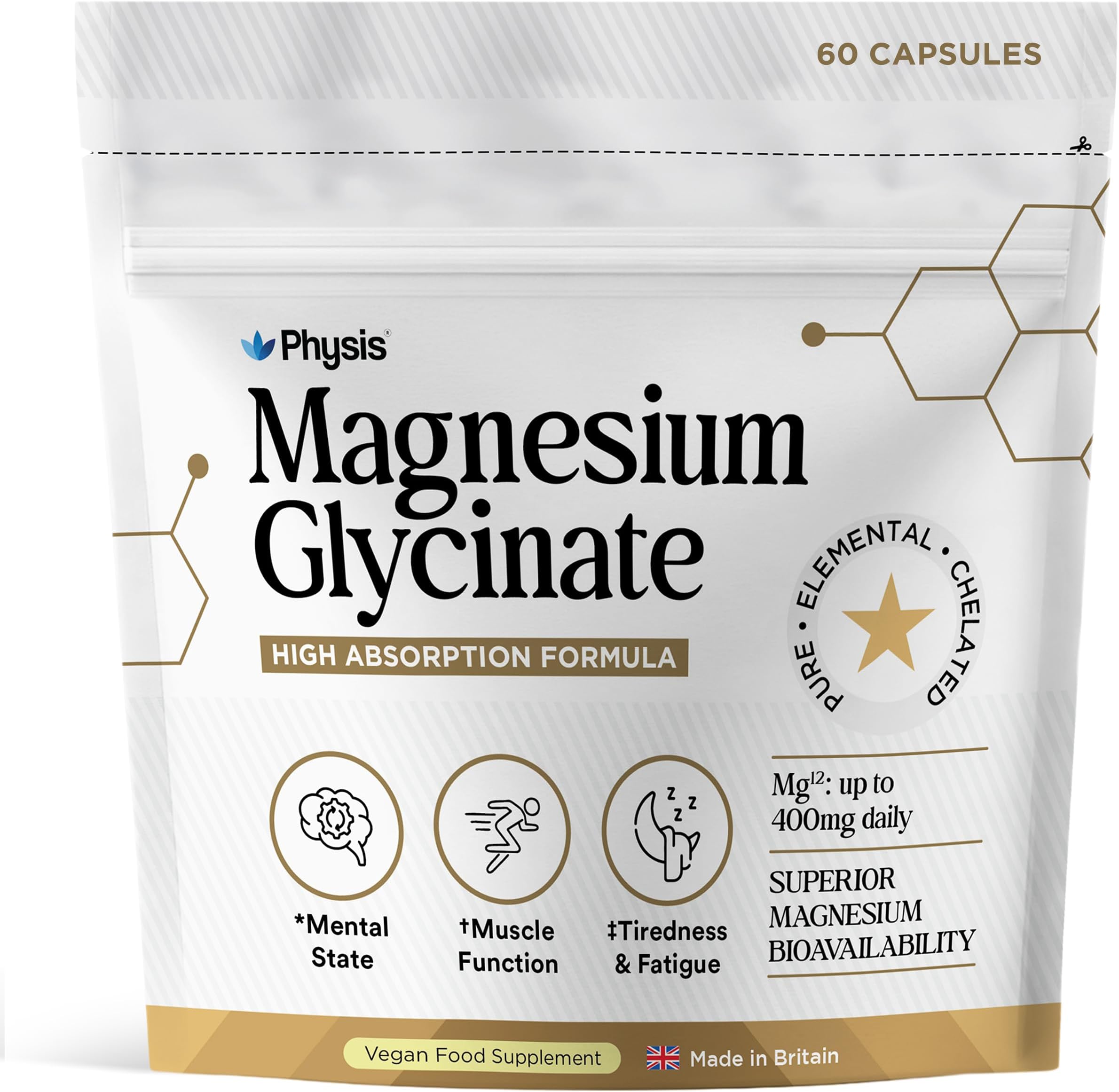 Physis Magnesium Glycinate | High Strength Elemental for Sleep, Mind & Muscle | Vegan Chelated Magnesium Bisglycinate | Bioavailable | Non-Laxative Natural Mineral | 60 x Magnesium Capsules