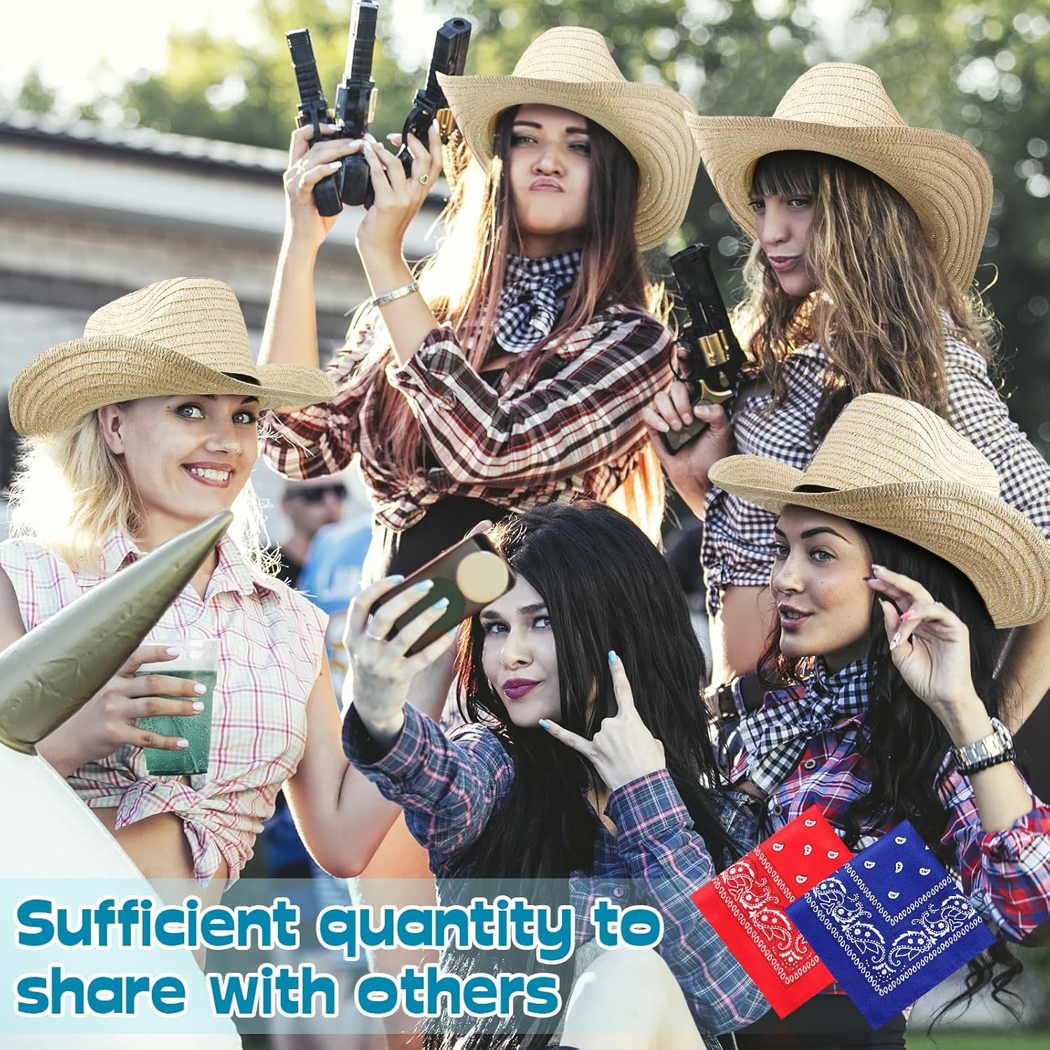 SATINIOR 12 Set Straw Cowboy Hats & Bandanas - Cowboy Party Hat Costume with Head Bandana (Beige, Leather Trim Style)