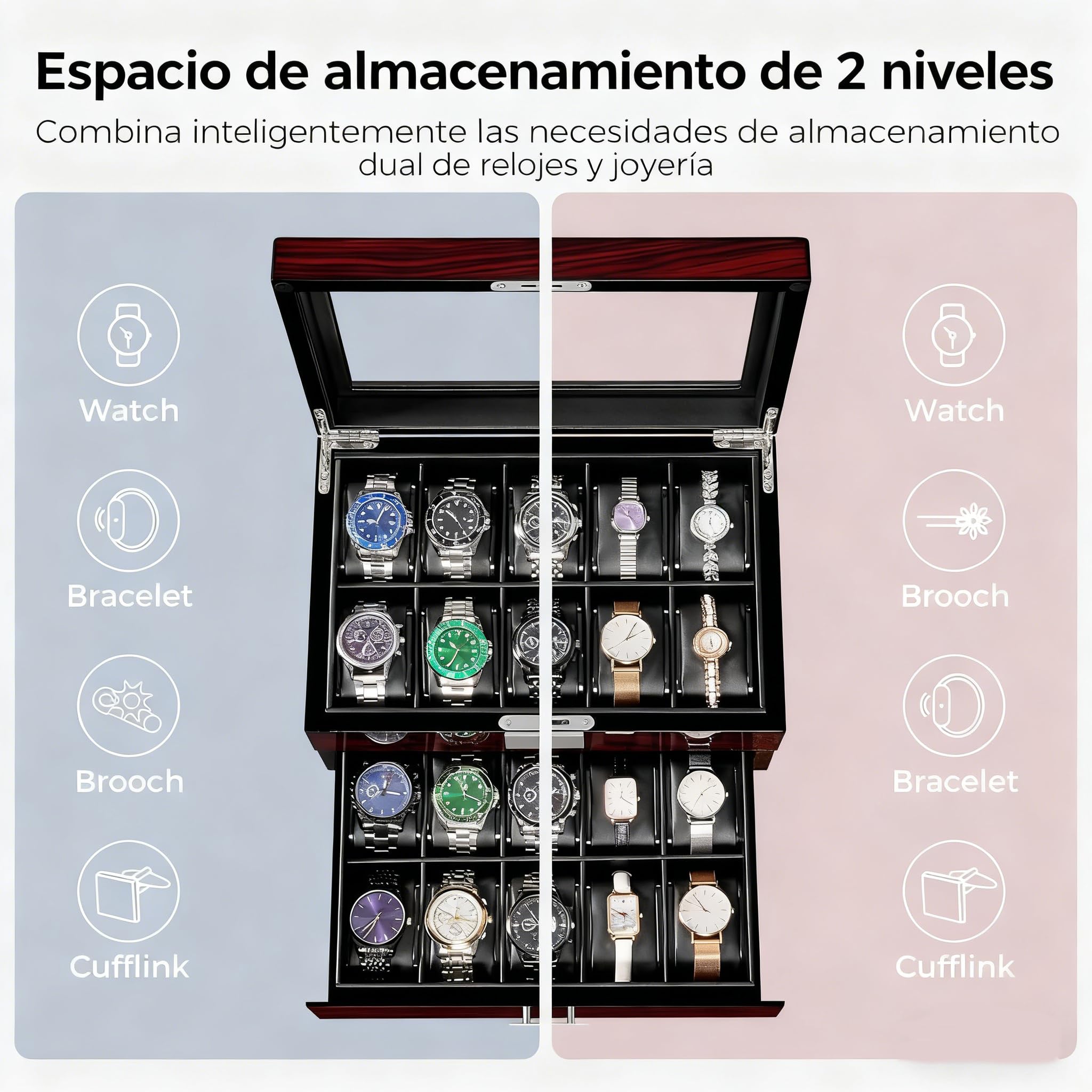 ANWBROAD Caja para Relojes 20 Compartimentos Con Cerradura Vitrina 2 Niveles JWB002Y