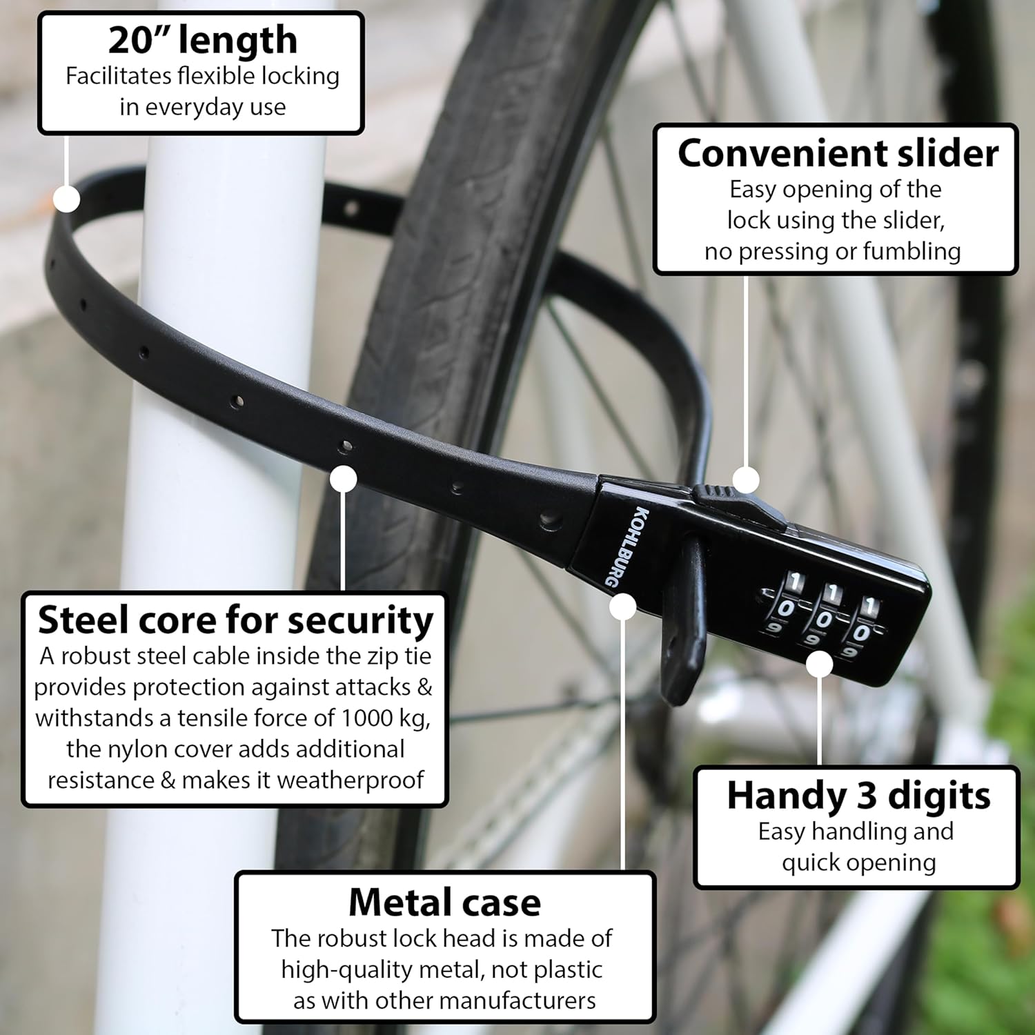 KOHLBURG Lightweight Zip Tie Bike Lock [20" Short & Secure 3-Digit Combination Bike Lock] - Compact & Small Cable Lock as Combo Bike Lock & Helmet Locks - Bicycle Accessories Scooter Stroller Ski Kids