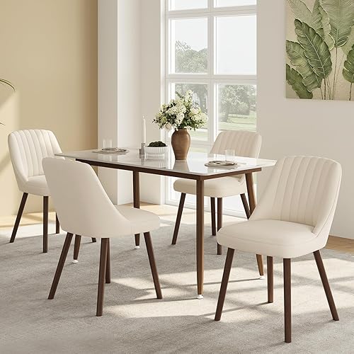 Juego de 4 sillas de comedor tapizadas, sillas de cocina de tela moderna con respaldo, patas de madera para cocina, comedor, restaurante, beige