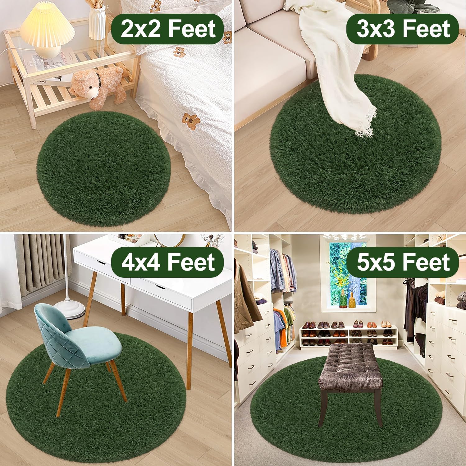 Dark Green Round Rug for Bedroom Fluffy Circle Rug for Kids Room 5x5 Ft Soft Fuzzy Plush Shaggy Carpet for Girls Boys Room Non-Slip Floor Circular Rugs for Classroom Nursery Living Room Decor