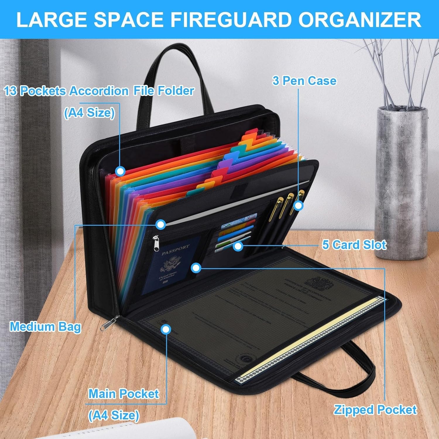 Fireproof Document Box with Handle (14.7" x 10.4") - 13-Pocket Expanding Accordion File Folder, Water Resistant Important Paper Organizer for Estate Planning, Wills (Not a Ring Binder)