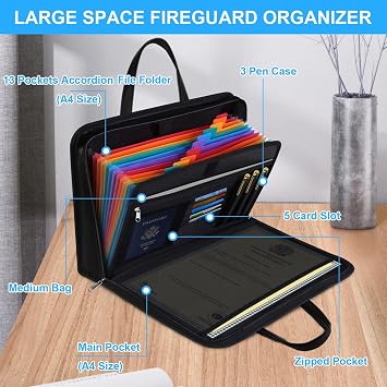 Fireproof Document Box with Handle (14.7 x 10.4) - 13-Pocket Expanding Accordion File Folder, Water Resistant Important Paper Organizer for Estate Planning, Wills (Not a Ring Binder)