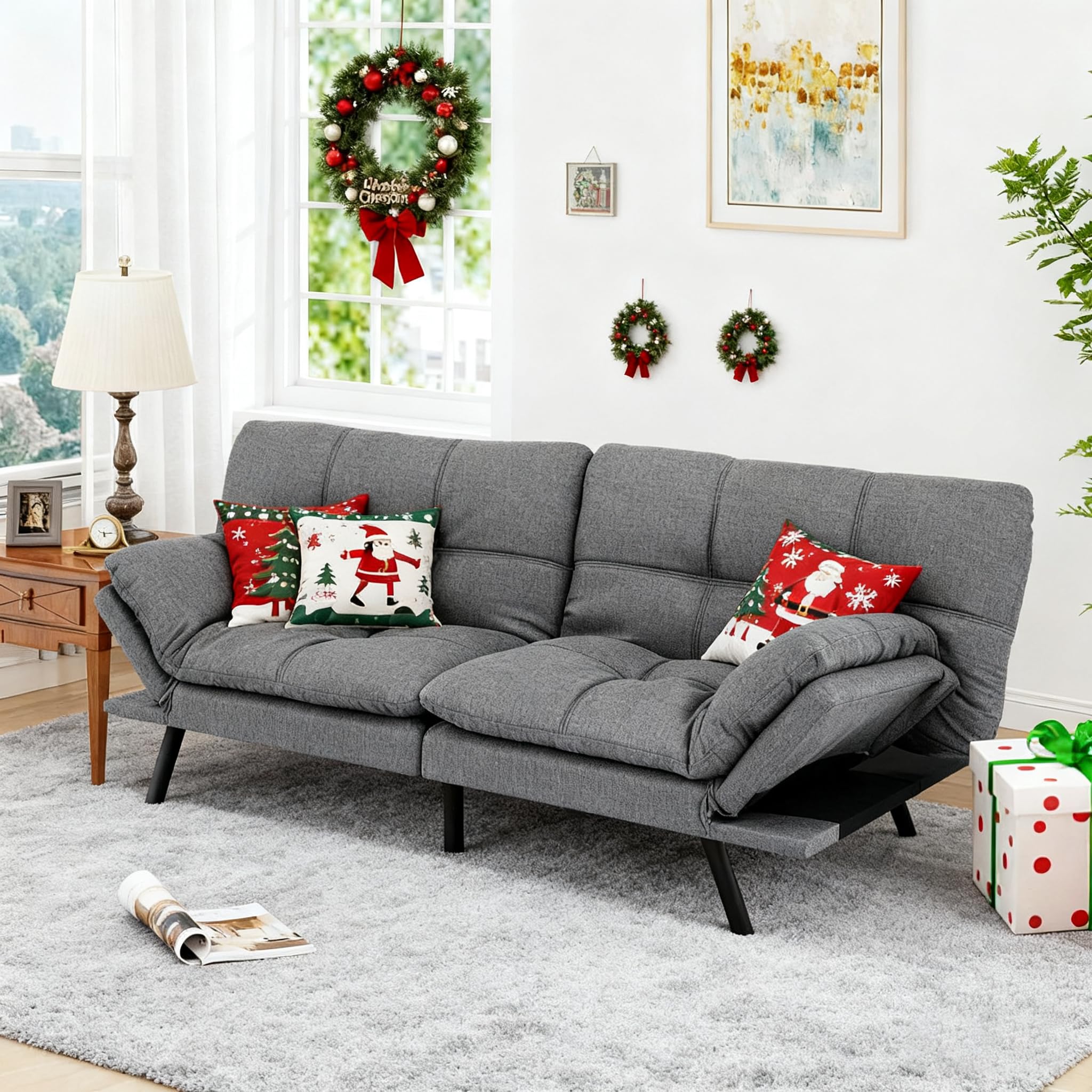 MUUEGM 71" Futon Sofa Bed with Memory Foam,Futon Couch with Adjust Backrest and Armrest, Couches Bed for Living Room,Studios, Apartments, Dormitories, Offices and Game Rooms. Light Grey Sofa Bed