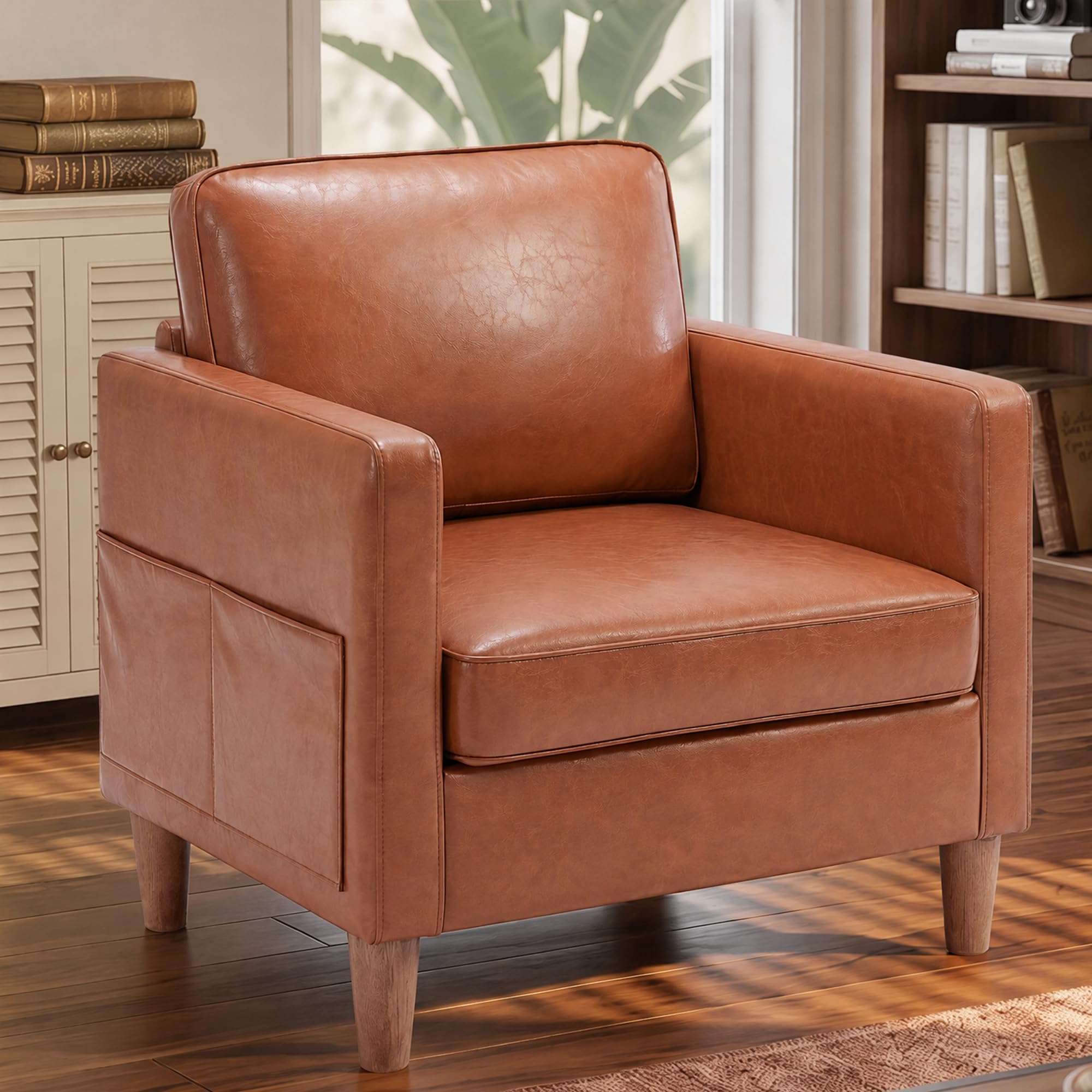 Faux Leather Accent Chair Mid Century Modern Armchair for Living Room