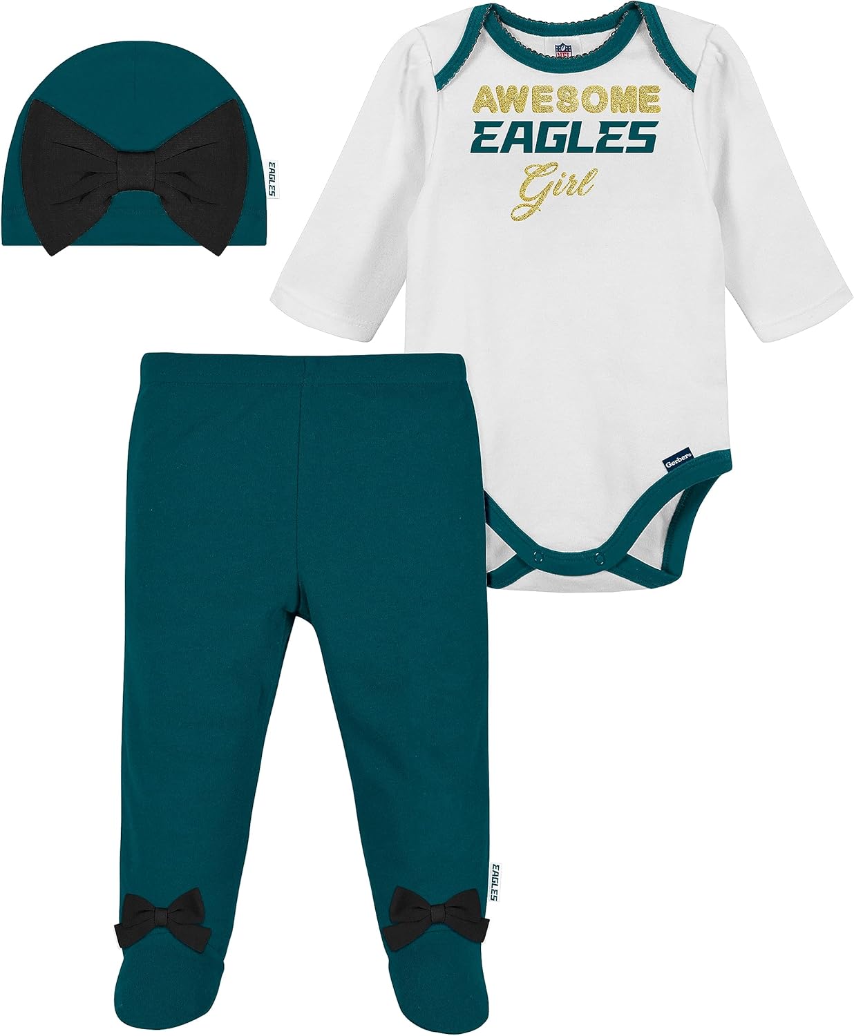 Gerber NFL baby girls 3 Pack Bodysuit Registry Gift Set Footed Pant and Cap