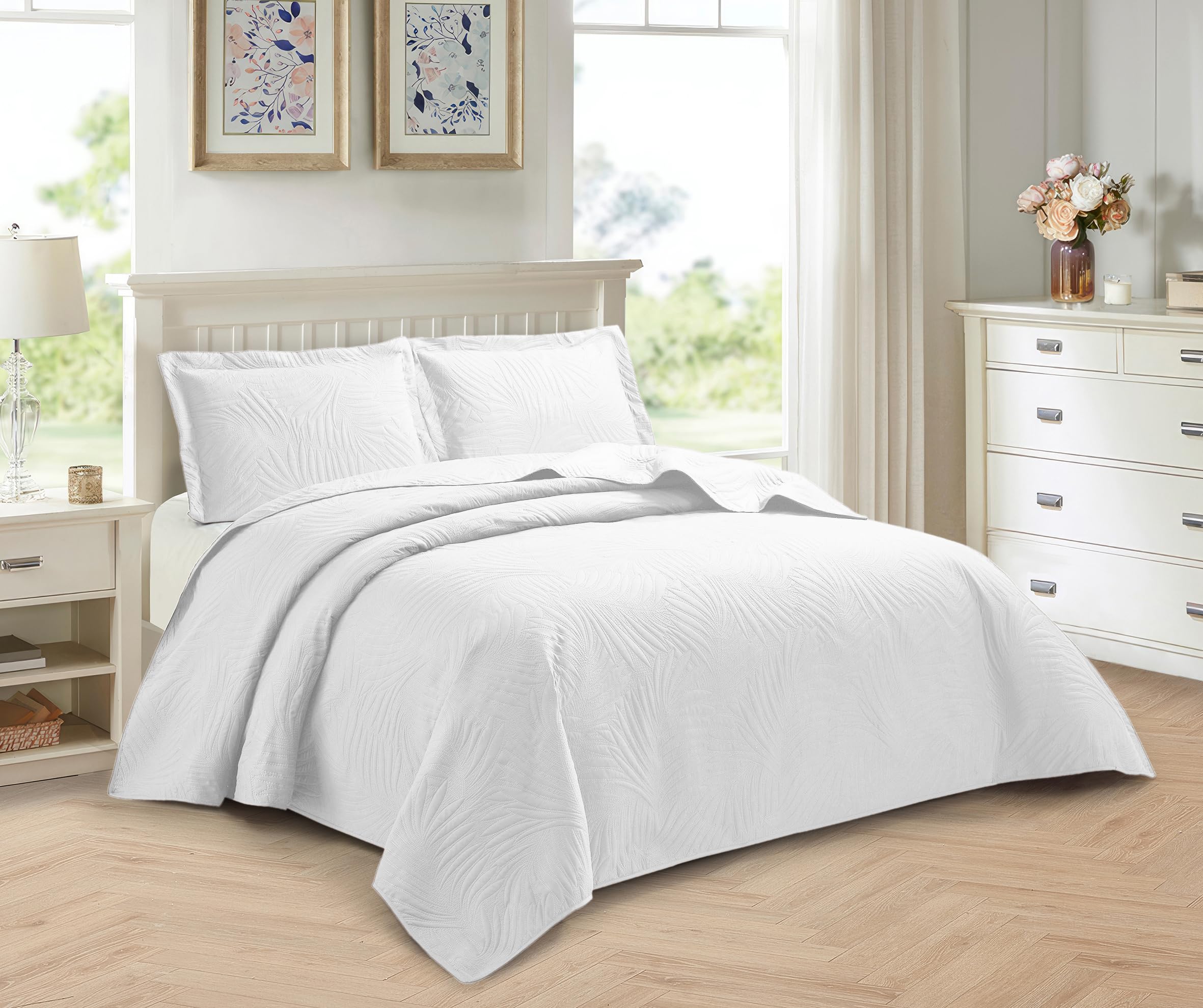 PRIME LINENS 2 Piece Quilted Bedspread Embossed Leaf Pattern Bedding Set Bed Throw with Pillow Cases Machine Washable (White, Single)