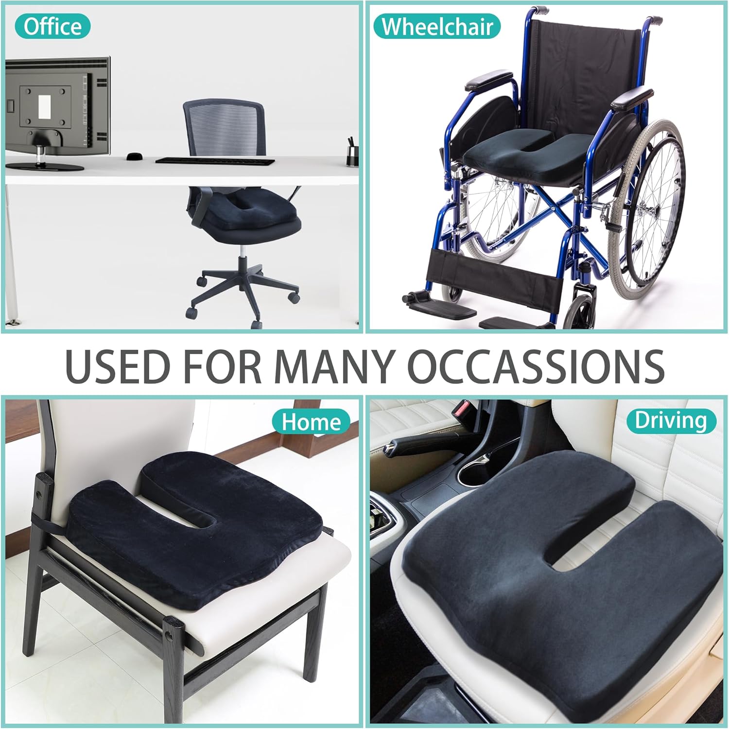 Large Pressure Relief Office Car Seat Cushion,10-Inch Extended U-Cutout,Sciatica & Back Coccyx Tailbone Pain Relief Chair Pad,Memory Foam Butt Pillow for Computer Desk,Wheelchair, Car