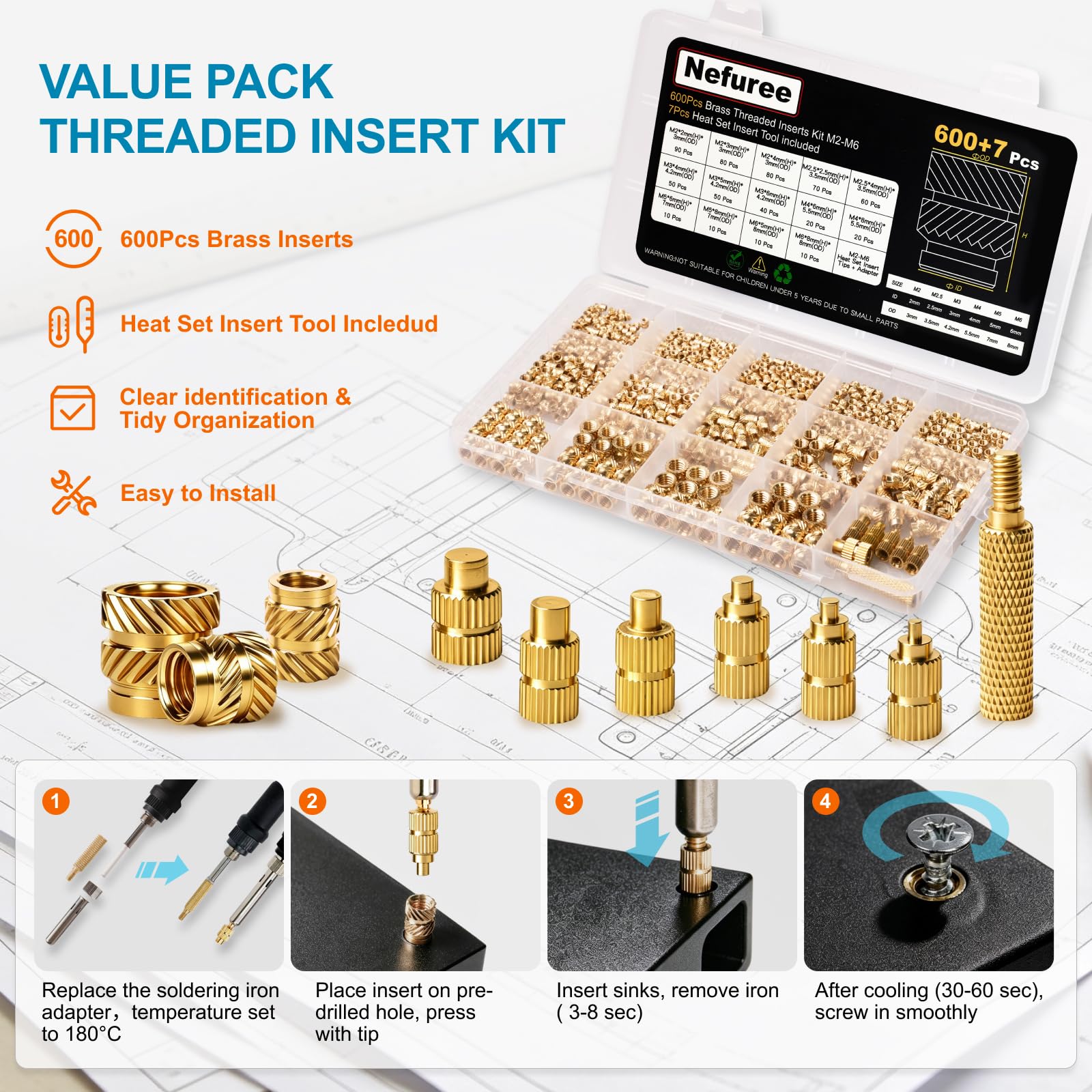 Threaded Inserts for 3D Printing - 607 Pcs -5 Threaded Inserts for 3D Printing - 607 Pcs -5