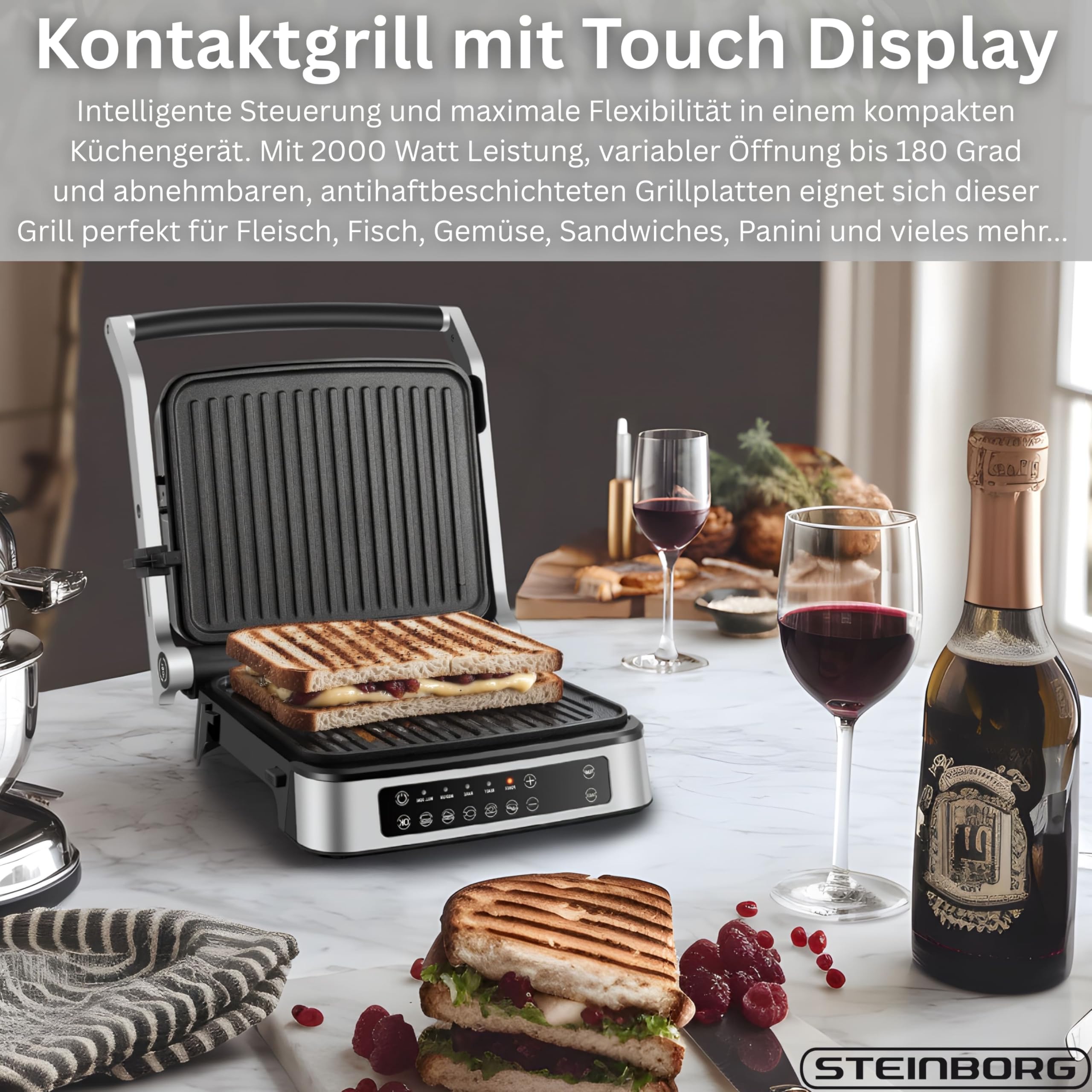Steinborg® Grill kontaktowy, zdejmowane płyty z ekranem dotykowym, elektryczny grill stołowy i grill panini, rozkładany w zakresie 180°, nieprzywierające płyty grillowe, nadaje się do mycia w zmywarce
