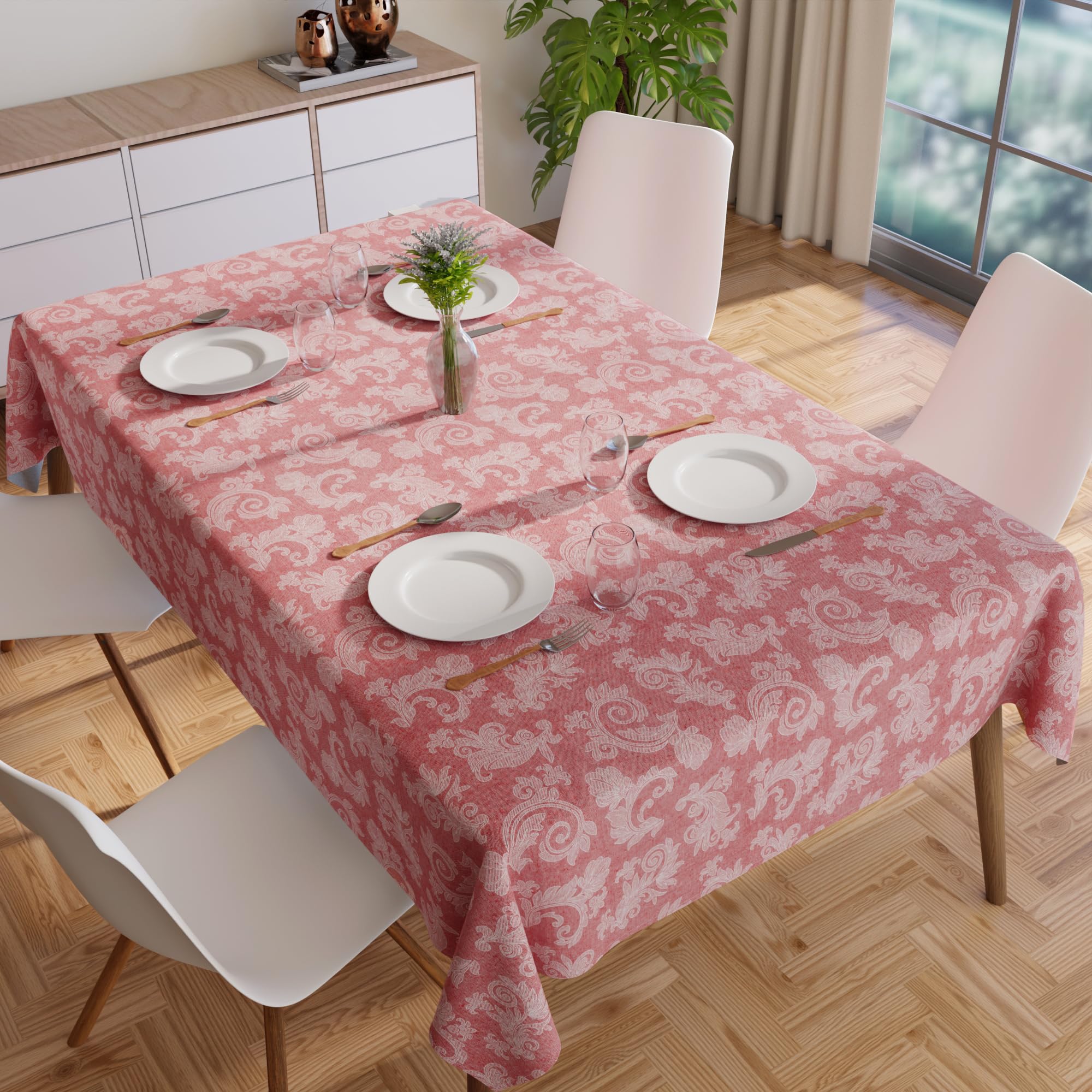 Encasa XO 4 to 6 Seater Dining Table Cloth 145x180 cm (57x72 in) I Floral Red Jacquard Style Print on Chambray Homespun Cotton I for Family Gatherings Parties I Washable - Image 4