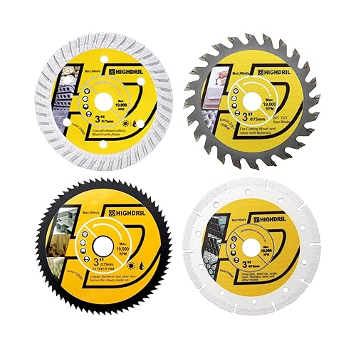 HIGHDRIL Juego de hojas de sierra circular de 3" 75mm, 4 piezas - Disco de corte de diamanteHSSTCT para amoladora angular para cortar metal blando,