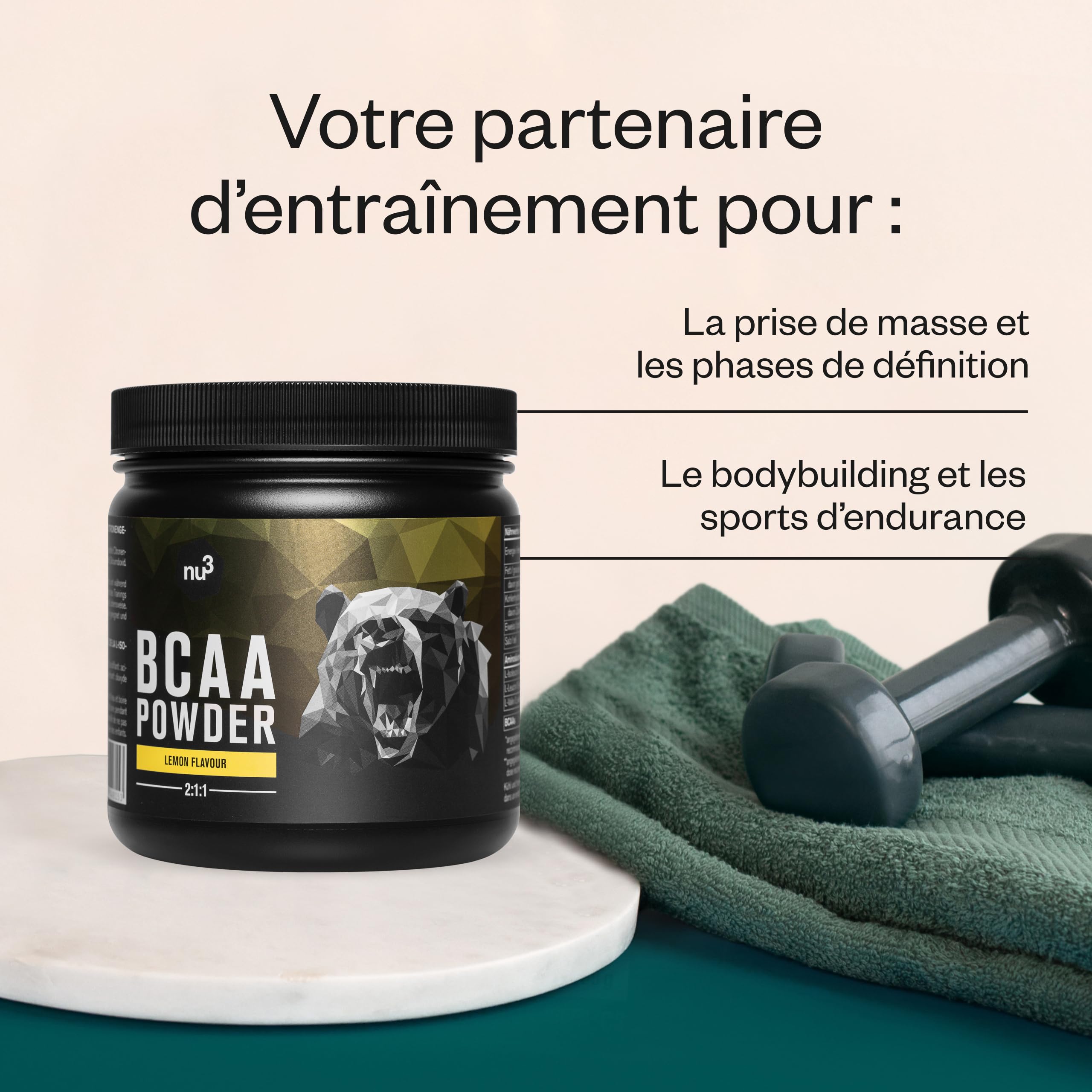 nu3 BCAA Vegan en poudre 400g Citron - Acides aminés complexes & essentiels - idéal pour l'effort sportif – Musculation et récupération – 9,8g de BCAA par portion - Alternative aux BCAA en comprimés