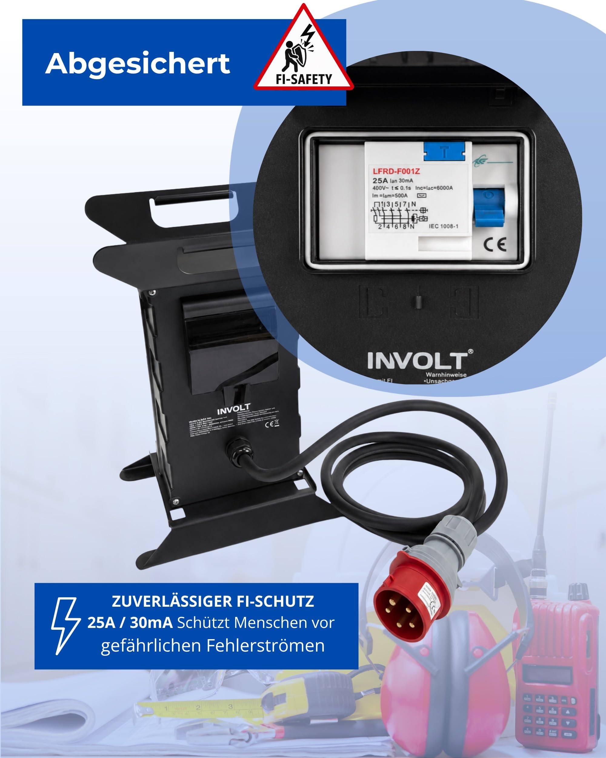 INVOLT Distribuzione dell'alimentazione corrente industriale CEE, 16 A / 400V – 230V Distributore di prese (4x Schuko + 2x CEE 16A + fusibile)