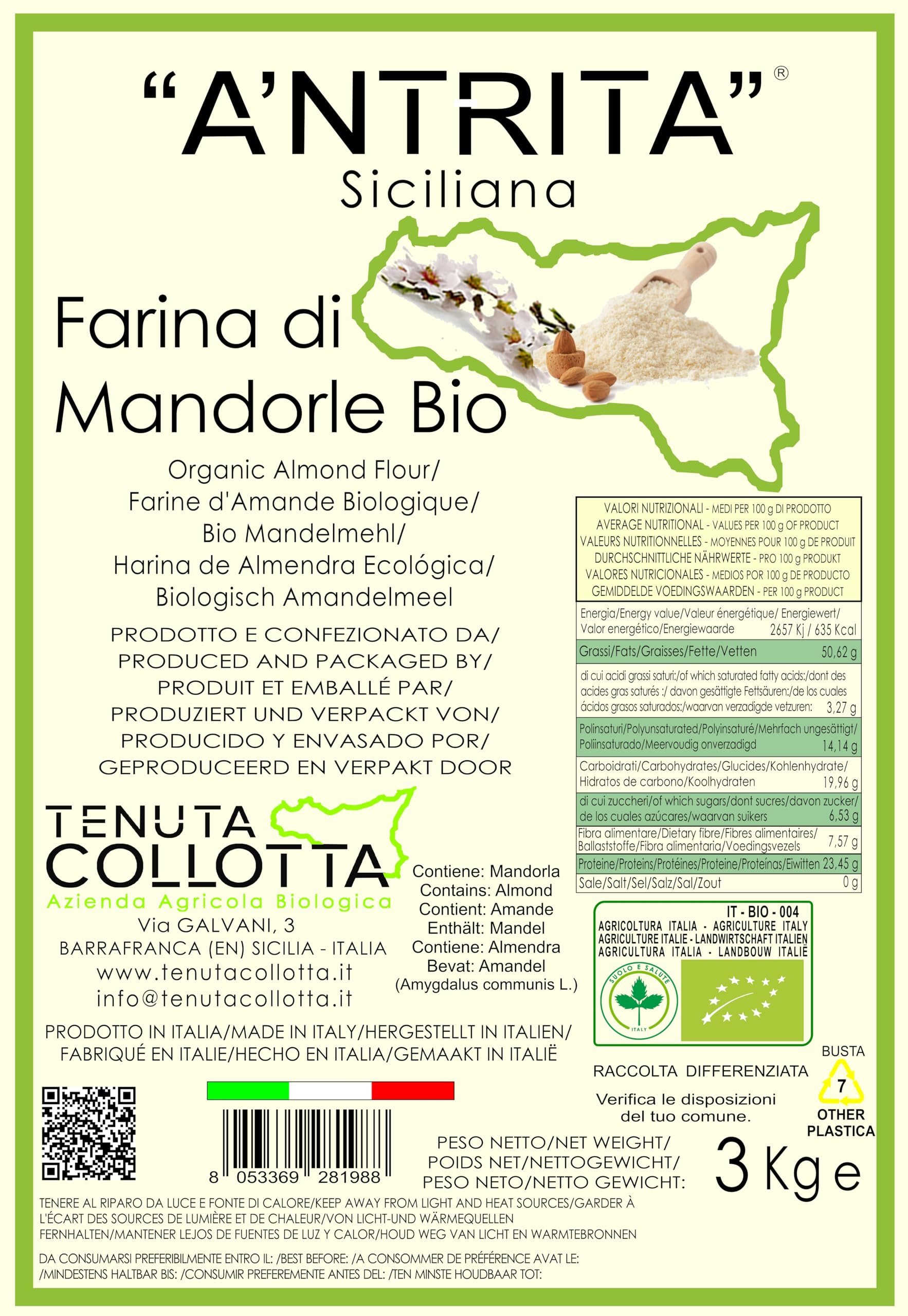 A'Ntrita® - Harina de Almendras Orgánica 3 Kg - 100% Italiana - Made in Sicily