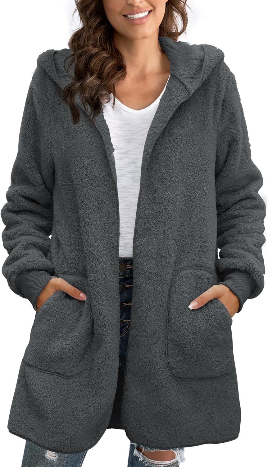 Yanekop Womens Oversized Sherpa Jacket Long Cardigan Sweaters Fuzzy Fleece Jacket Faux Fur Plus Size Coats with Pockets - Image 4