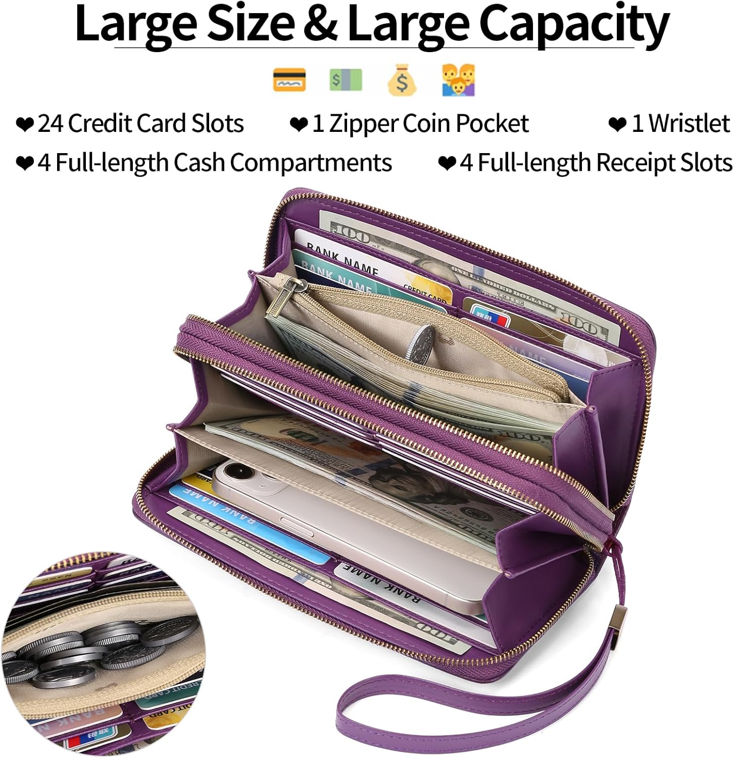 GAEKEAO Wallet for Women Clutch RFID Blocking Wristlet Leather Purse Large Capacity Credit Card Holder with Grip Hand Strap - Image 3