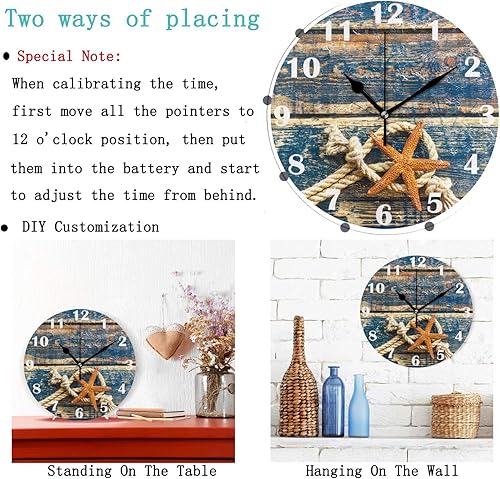 Miniatura 2 de Pfrewn Reloj de pared con estrellas de mar de playa de verano, silencioso, sin tictac, reloj de madera, funciona con pilas, reloj de escritorio