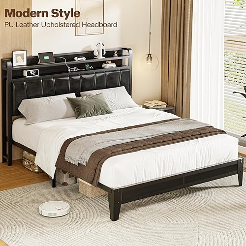 Miniatura 7 de Base de cama tamaño Queen con estantes de almacenamiento de 2 niveles, marco de cama LED con cabecera de piel sintética, cama de plataforma de metal