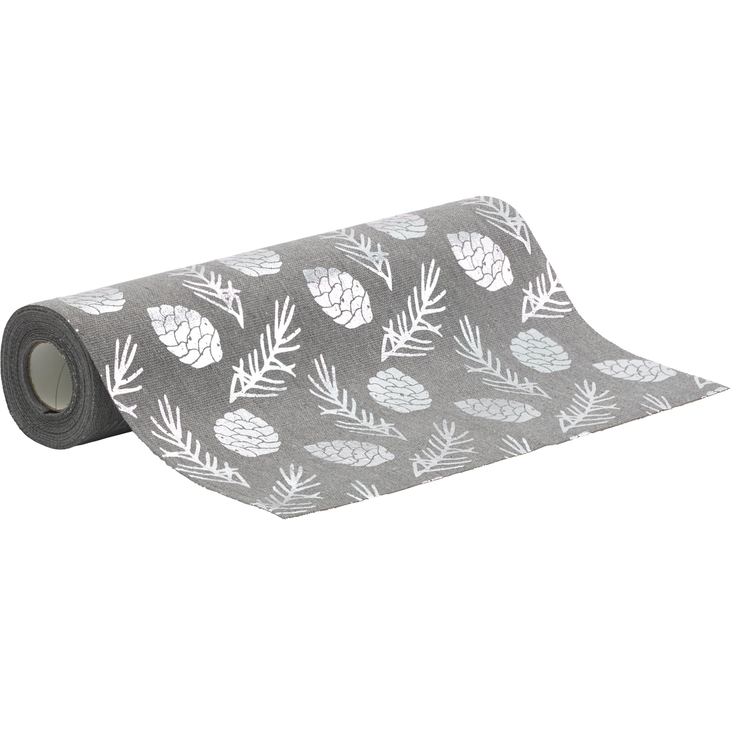 100%Mosel Camino de mesa con aspecto de lino, color gris, piñas de pino en plata (28 cm x 5 m), cinta de mesa, elegante decoración de mesa para Navidad y Adviento, decoración festiva para ocasiones