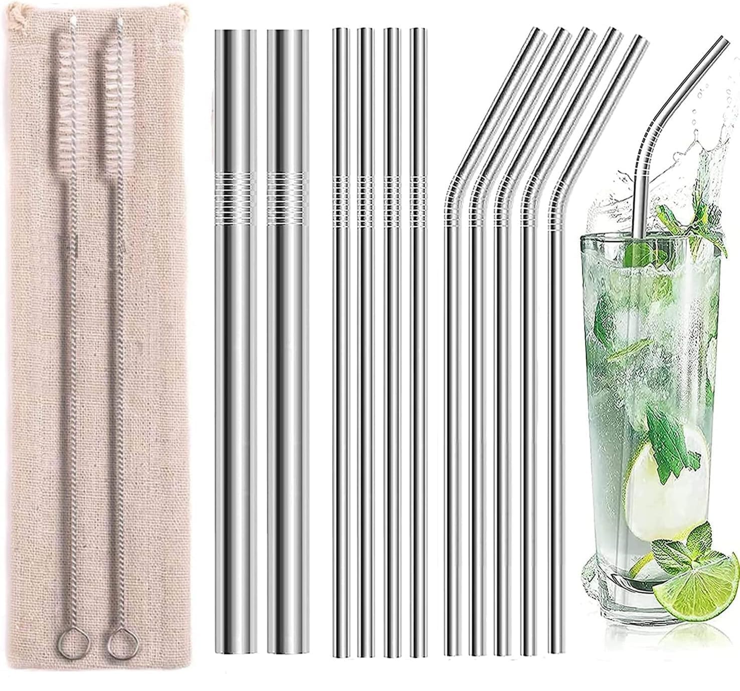 T Tersely 13pcs Reusable 304 Stainless Steel Straws- Various Metal Straws with 4 Straight 5 Bent 2 Boba Straws 2 Cleaning Brushes - Eco Friendly Drinking Straws (Silver)