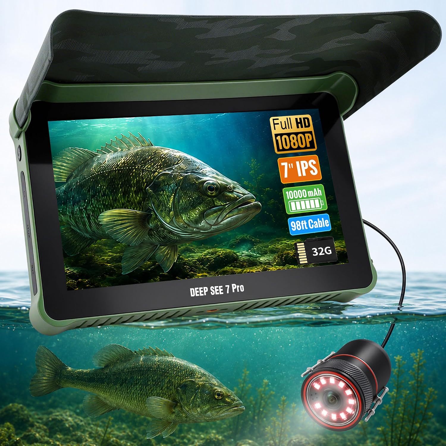 Underwater Fishing Camera, 98FT Longer Cable, 1080P HD 7'' IPS Monitor Fish Finder, 10000mAh Large Battery, Ice Fishing Camera with Deep Reach & Clear View for Lake Boat Ice Fishing,with/No SD Card