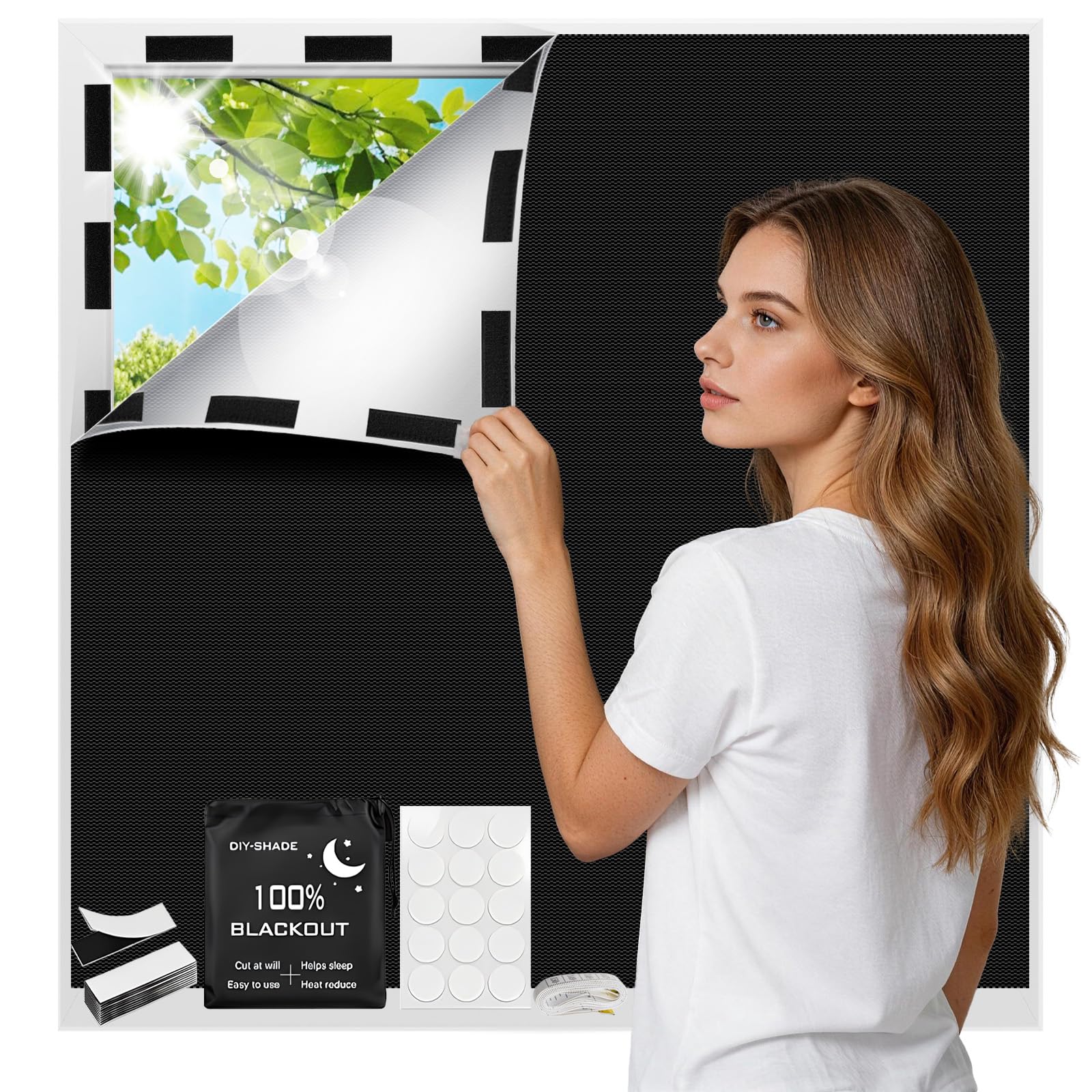 Blackout Blinds Stick On 300x145cm, 100% Blackout Curtain for Window, 420D No Drill Temporary Black Out Blinds, Cut to Any Size, Portable Travel Blind for Bedroom, Nursery, Rental, Skylight