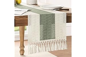 Macrame Style Bicolor Stitching Table Runner, 14 x 72 Inch Green/Ivory, Boho...