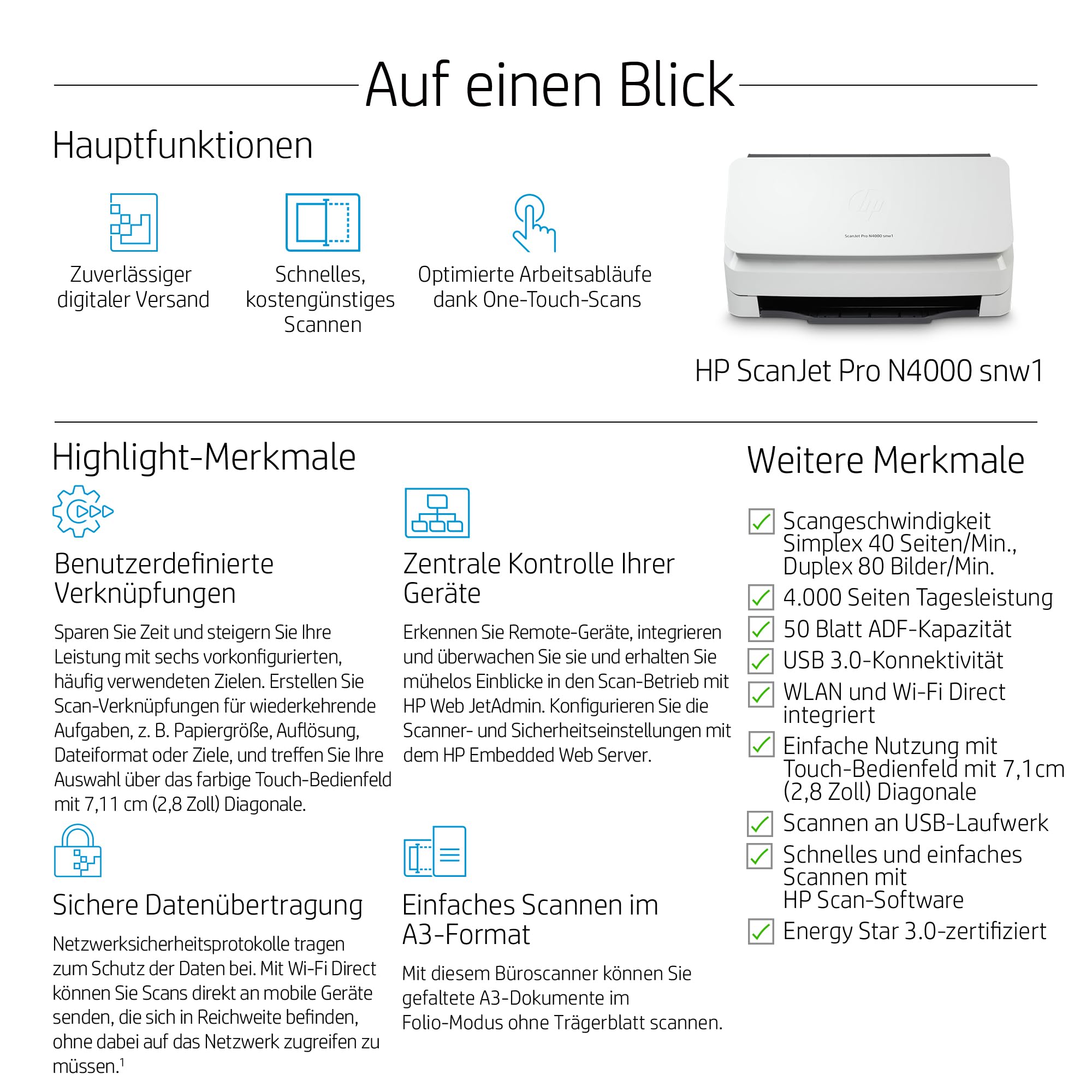 HP ScanJet Pro N4000 snw1, Scanner, Einzelblattzufuhr, 50-Blatt ADF, Ethernet, USB 3.0, Wi-Fi, bis zu 4.000 Seiten täglich, Kurzbefehle, Farbiger Touchscreen