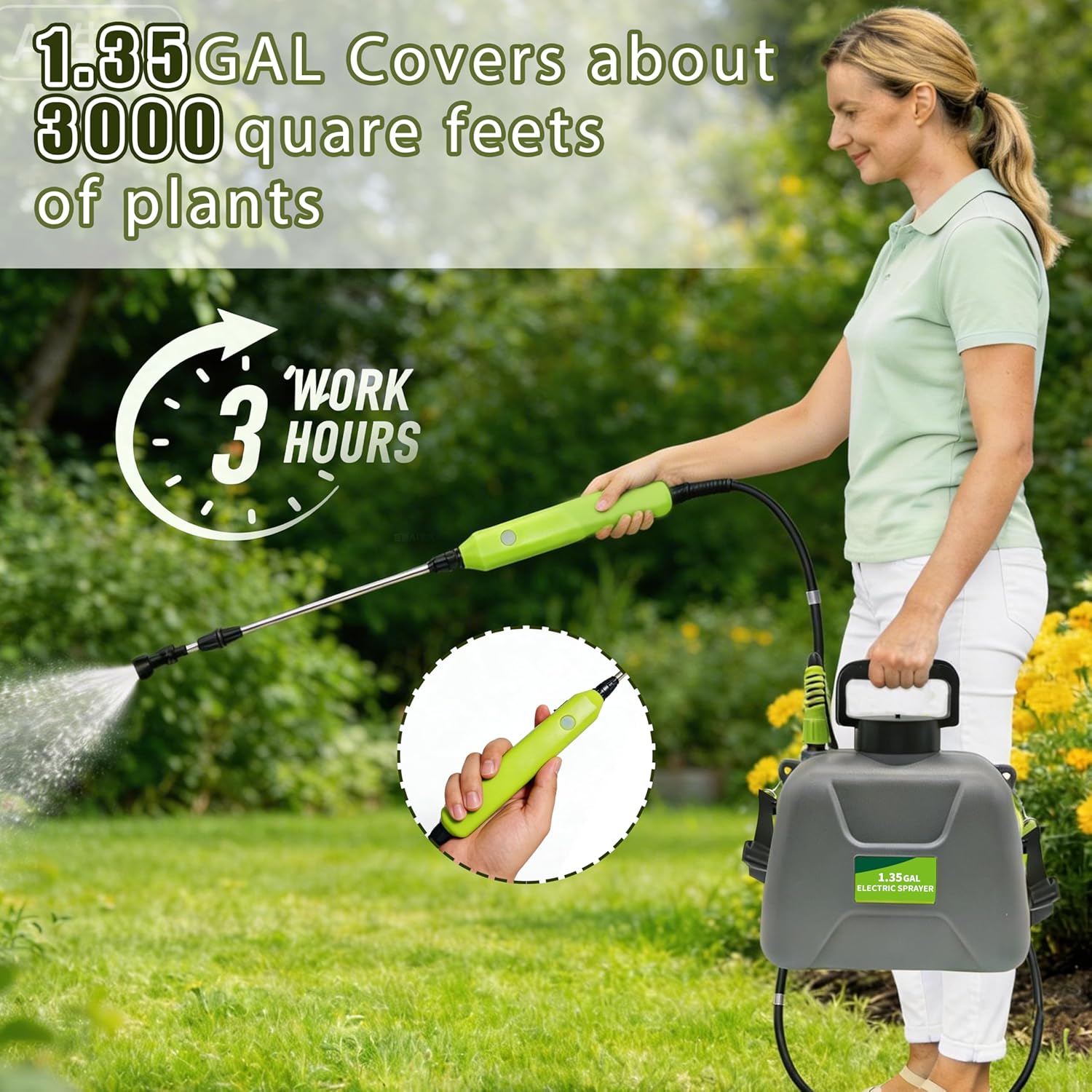 1.35 Gallon Battery Powered Sprayer, Covers 3,000 Sq Ft per Tank – Electric Sprayer with 3 Interchangeable Nozzles, Adjustable Shoulder Strap for Lawn, Garden, Weed Control – Gray