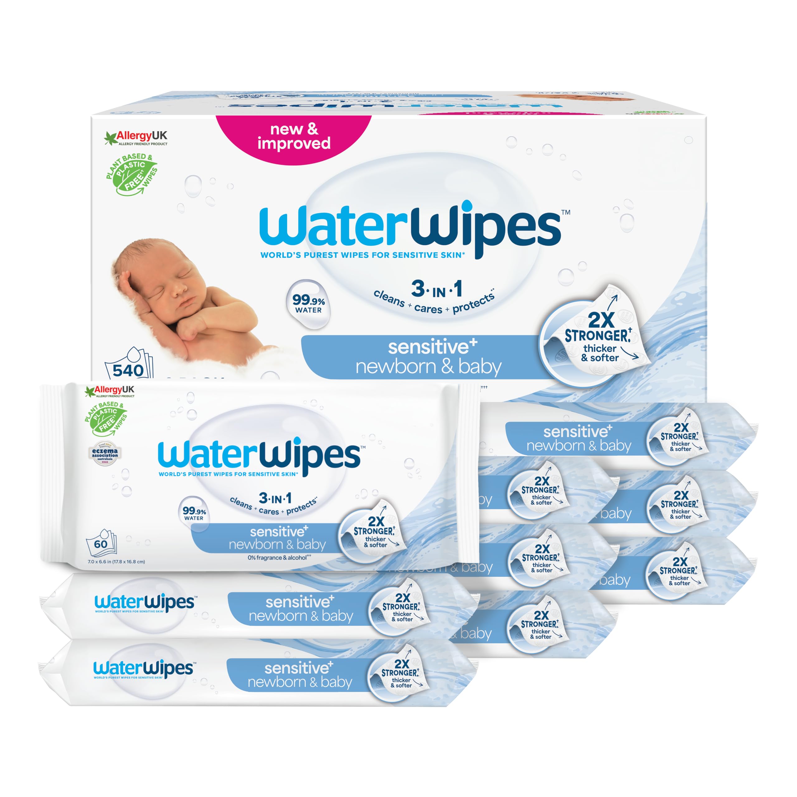 WaterWipes Sensitive+ Newborn & Baby Wipes, 9 Confezioni | 540 salviette 3 in 1 che detergono, proteggono e si prendono cura della pelle, 99,9% acqua, senza profumo né alcol