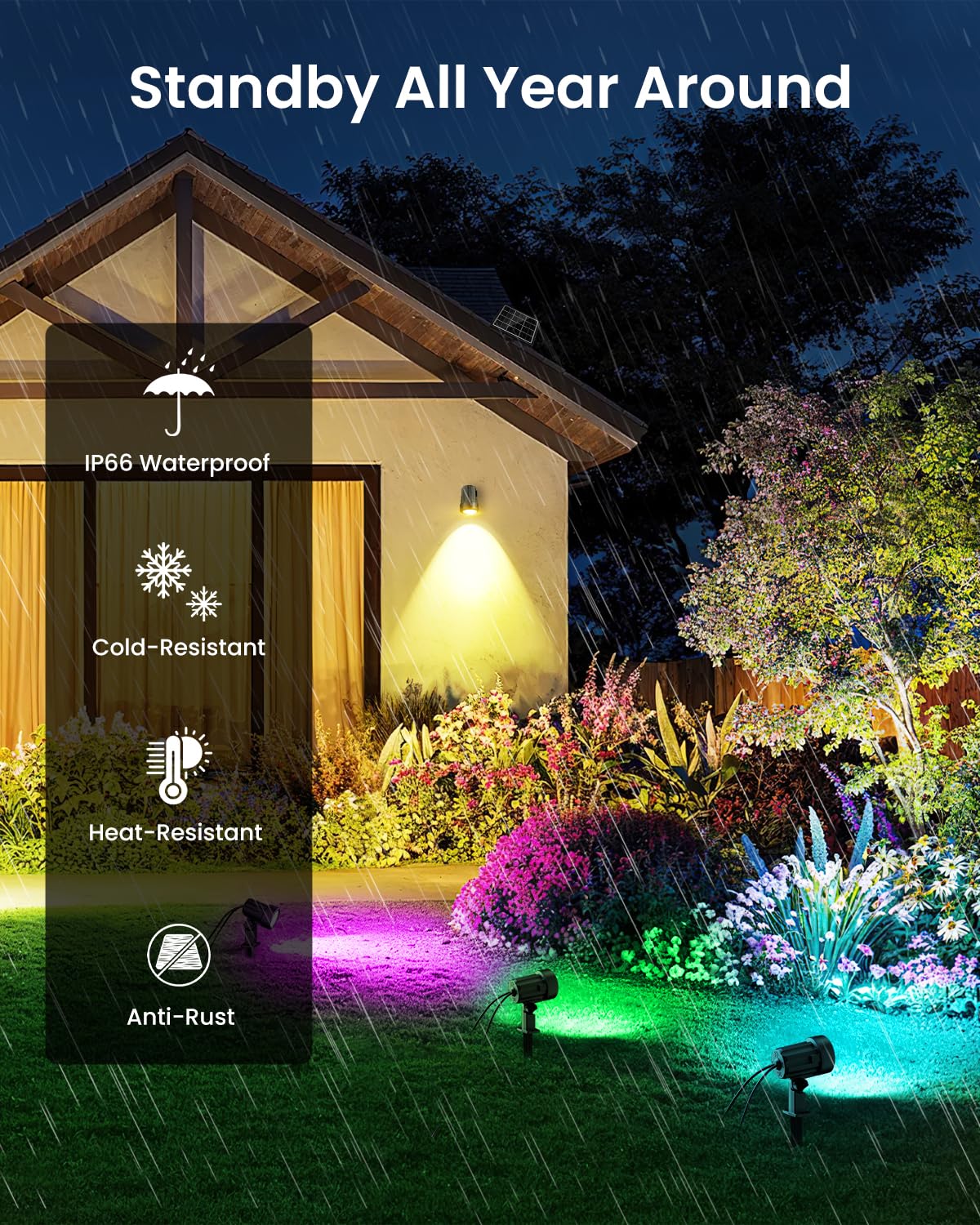 MEIHUA Faretti Solari Esterno RGB IP66 Impermeabile 10 Colori 30 Modalità Dinamica 2 Luminosità Timer Lampade Solari da Giardino Faretto Esterno per Cortile, Patio, Piscina, Alberi 4 Pezz