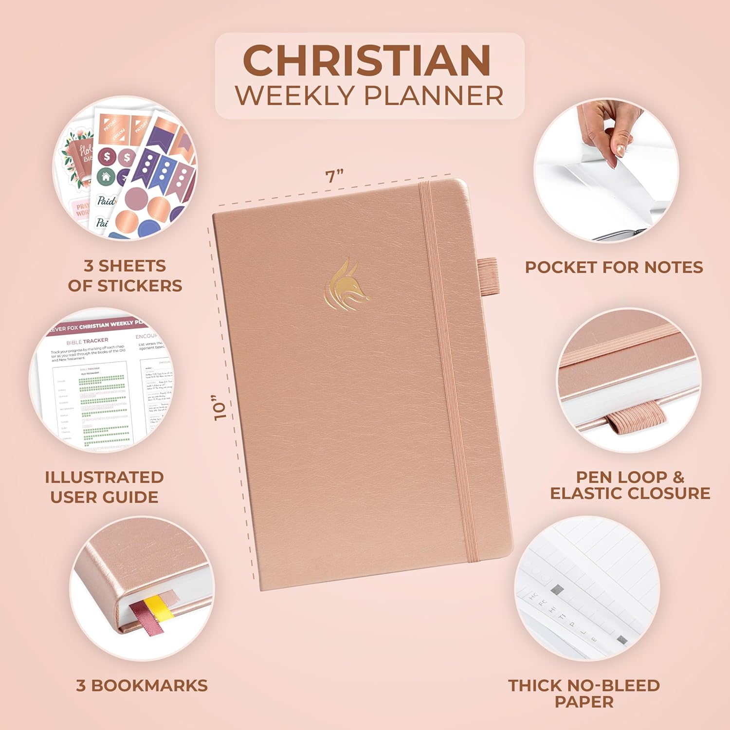 Clever Fox Christian Hourly Weekly Planner – Goal Setting Planner with Time Slots, Monthly Budget, Sermon Notes, Bible Reading Tracker (Rose Gold)