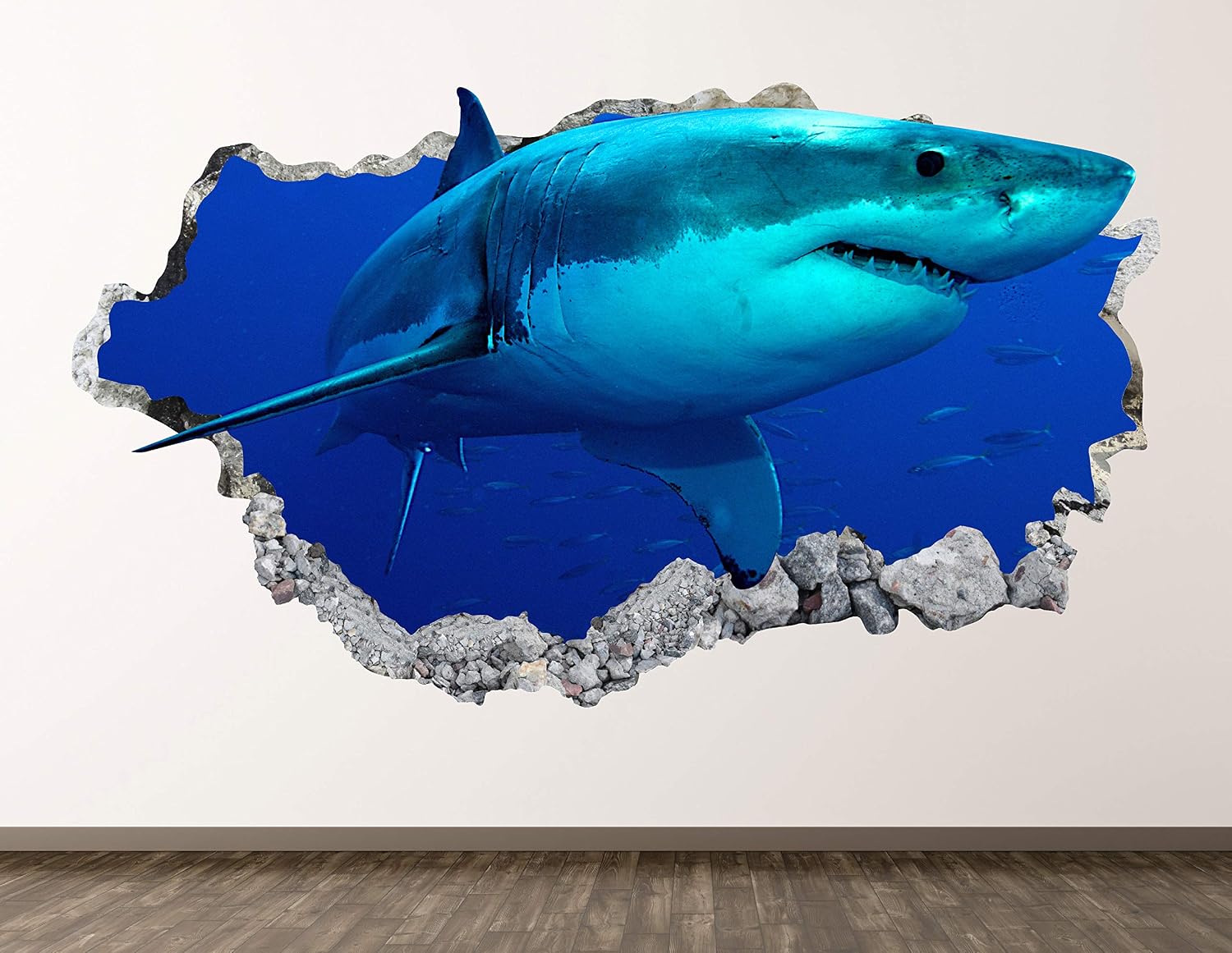 Great White Shark Wall Decal Art Decor 3D Smashed Marine Predator Sticker Poster Kids Room Mural Custom Gift BL1175 (42"W x 24"H)