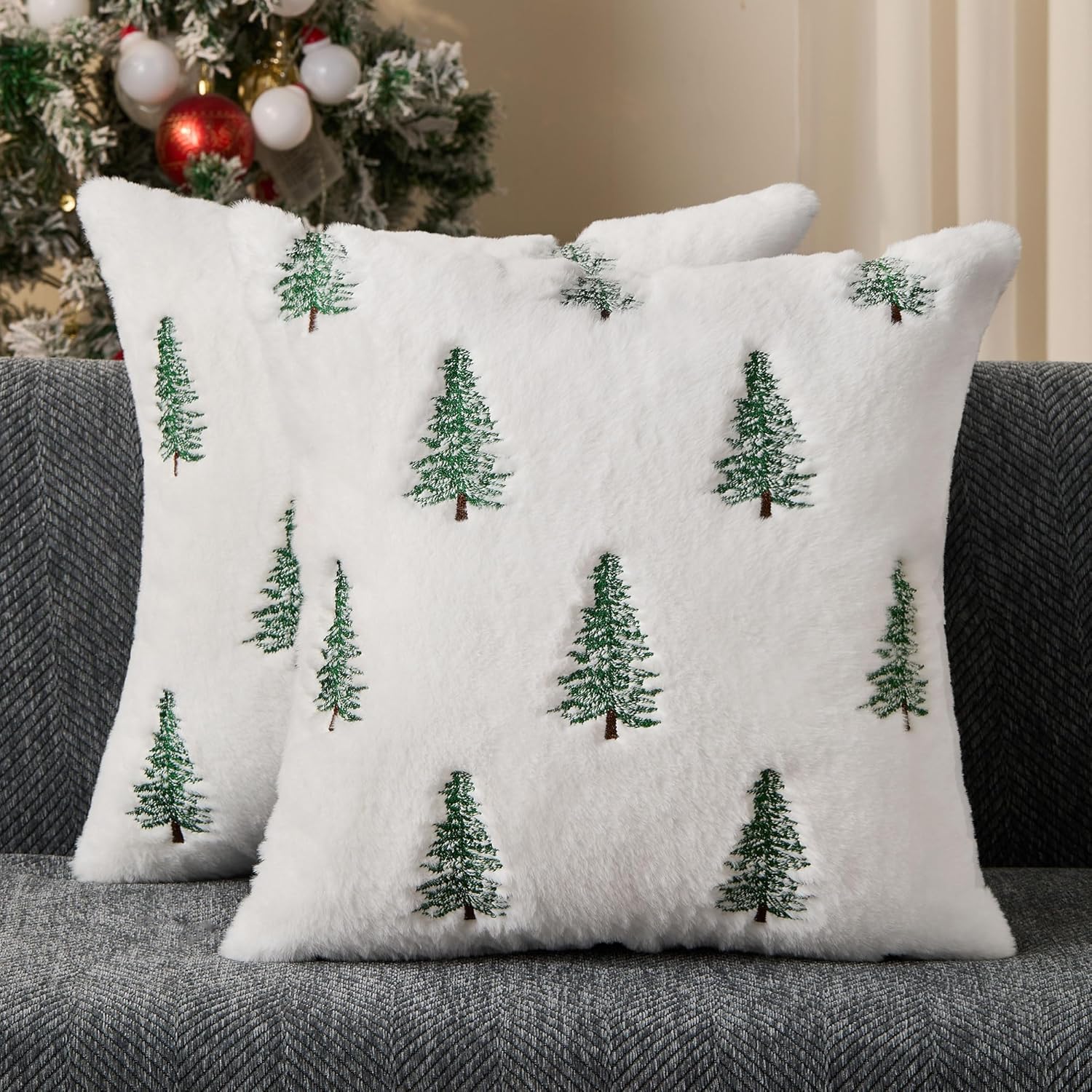 DFXSZ Christmas Pillow Covers 20x20 inch Set of 2 White Embroidered Christmas Tree Decoration Red Soft Plush Faux Fur Jacquard Throw Pillows for Bedroom Sofa Holiday Winter Home Decor PTK071D20