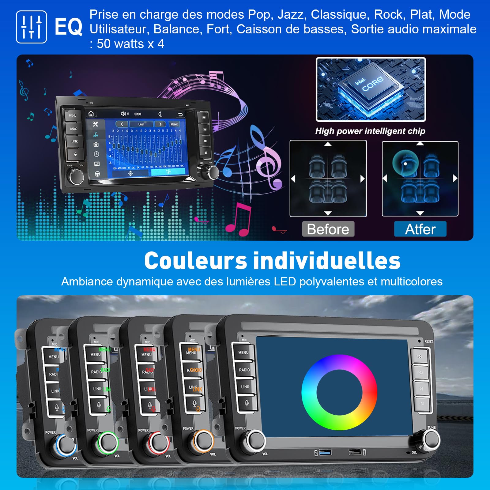 CarPlay Autoradio pour VW Golf 5 6 Passat Jetta Caddy Polo CC Tiguan EOS Touran T5 Skoda, 7 Pouces sans Fil Carplay & Android Auto, Puissance élevée/Bluetooth/FM/AM Radio/USB/DSP/RDS/SWC