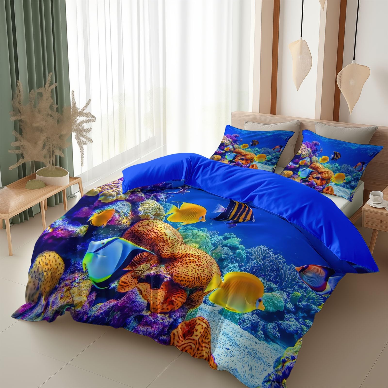Poszwa na kołdrę 240 x 220 cm Podwodna scena koralowce ryby zestaw pościeli ciemnoniebieski, 3-częściowy z zamkiem błyskawicznym - 2-osobowa pościel dla dorosłych z 2 poszewkami na poduszki
