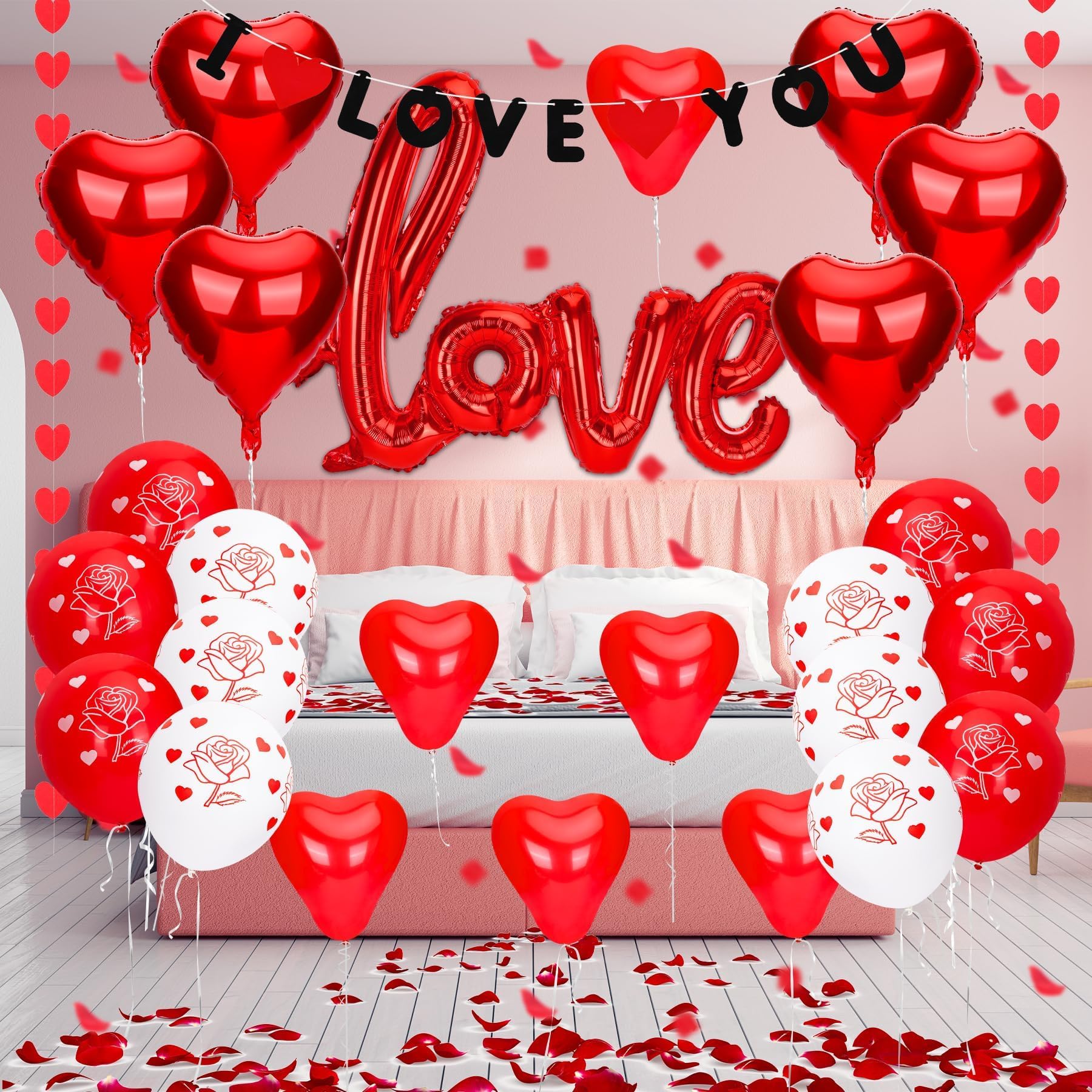 34Pcs Valentines Day Decorations Kit, Red Heart Balloons I Love You Banner XXL Love Foil Balloon 500Pcs Rose Petals for Valentines Anniversary Proposal Engagement Wedding Party Romantic Decor