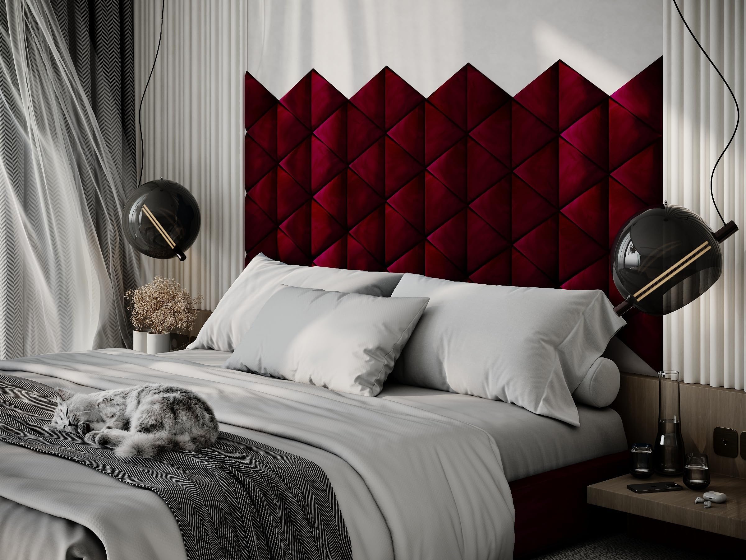 ua acoustics Upholstered Decorative Wall Panels Velvet Headboard Padding | Cushioned Planks | Padded Decor Collision Avoidance | Acoustic Soundproofing Treatment | (Burgundy, 4x Triangle (25x25cm))
